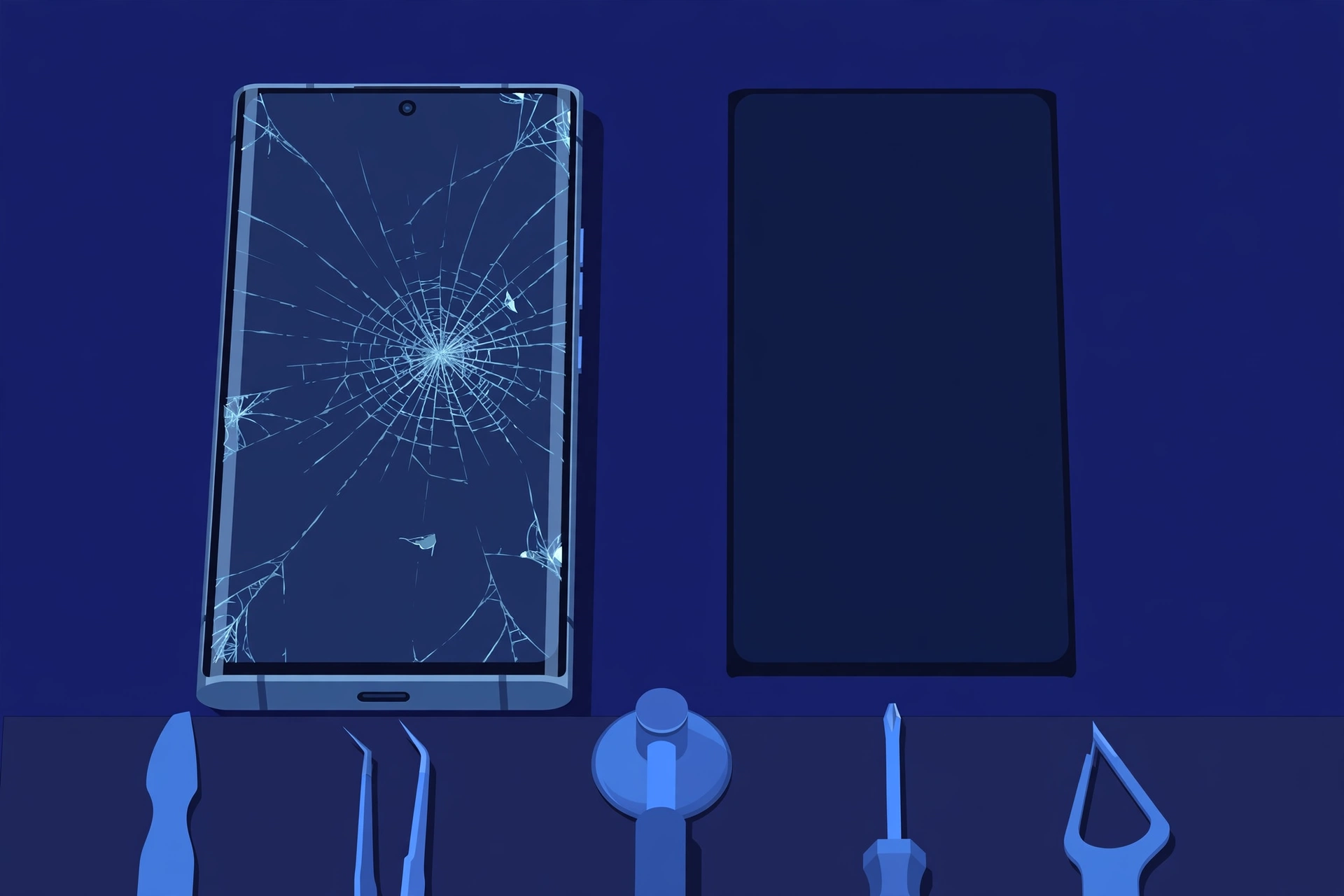 Original illustration of a titanium-framed smartphone with a cracked front screen beside a replacement display panel and blue repair tools on a workbench