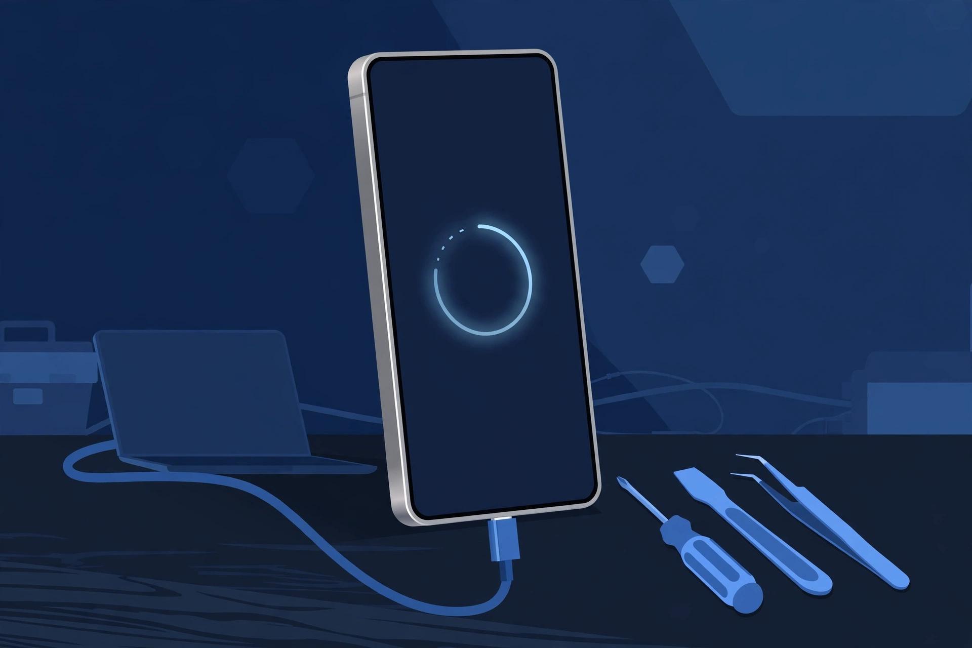 Original illustration of a smartphone showing a glowing circular progress ring on a dark screen, connected by a USB-C cable to a laptop, with blue repair tools on a workbench
