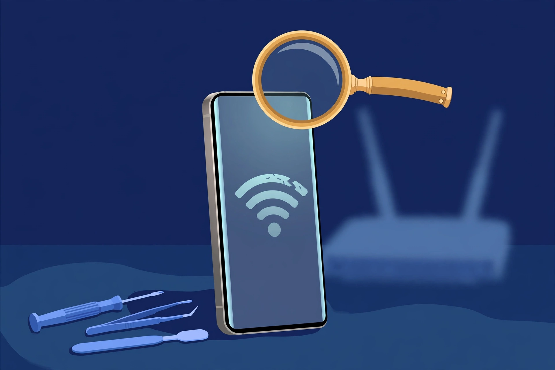 Original illustration of a titanium smartphone with a faint, broken Wi-Fi signal icon on its screen under a magnifying glass, a home router blurred in the background, and blue repair tools on a workbench