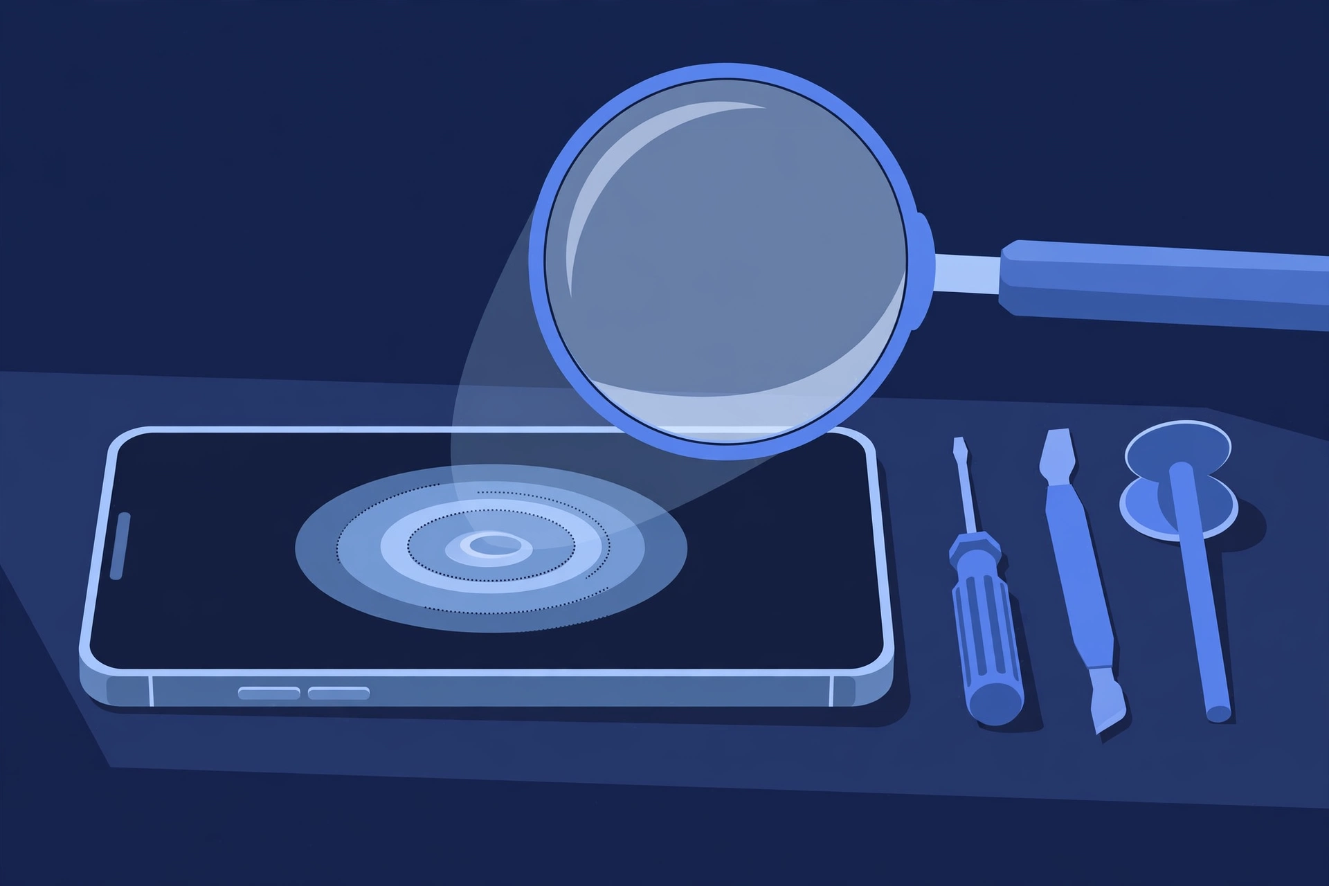 Original illustration of an aluminum smartphone with a fingertip tap ripple frozen on its screen and a magnifier over the display edge, with blue repair tools on a workbench
