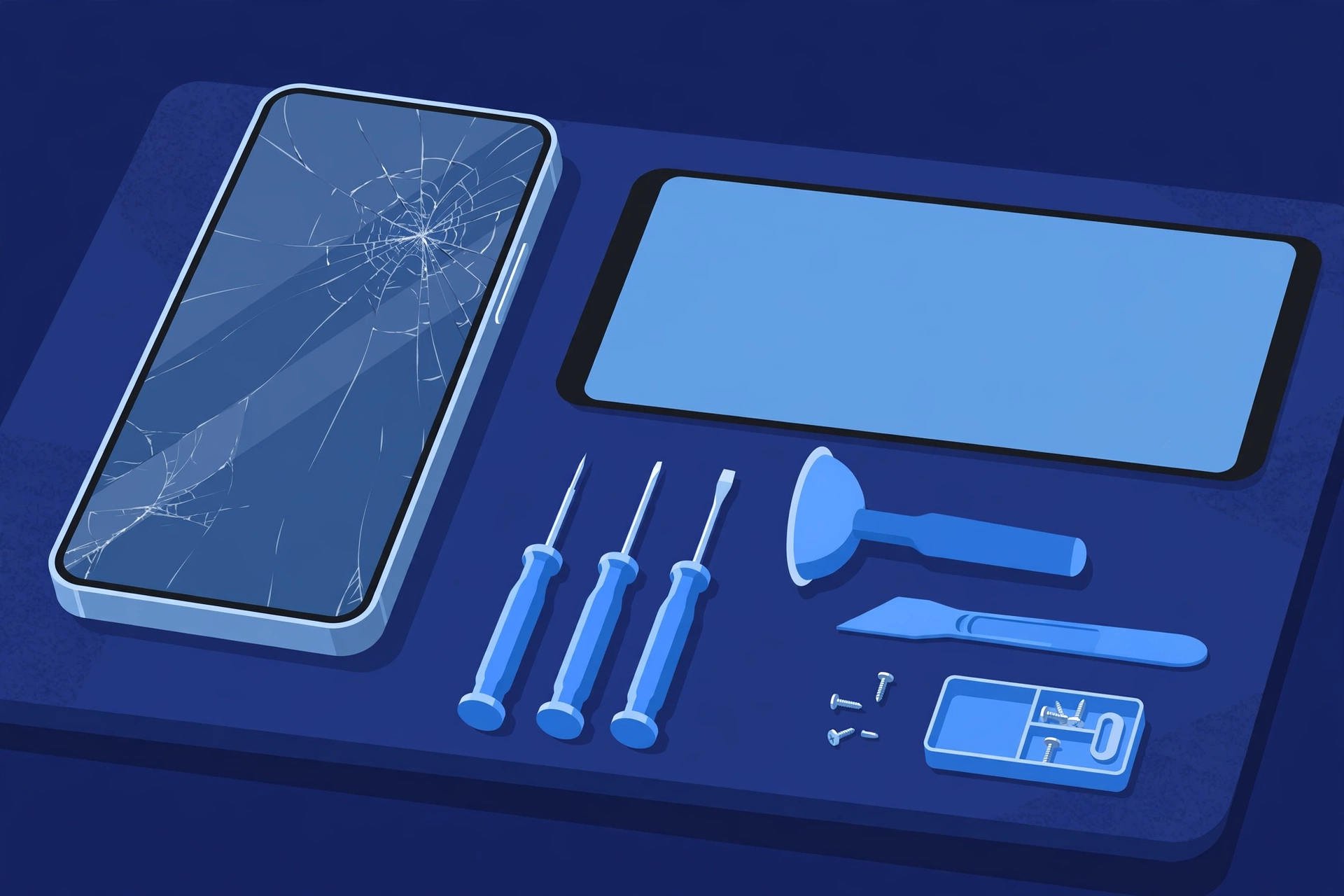 Original illustration of an aluminum-framed smartphone with a cracked front screen beside a replacement display panel and blue repair tools on a workbench