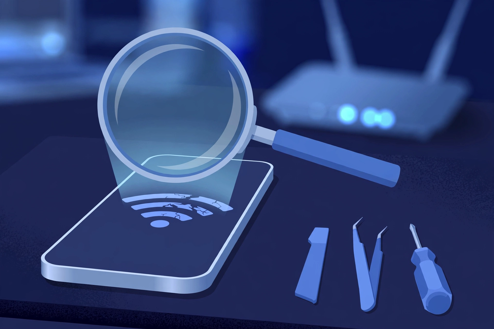 Original illustration of an aluminum smartphone with a faint, broken Wi-Fi signal icon on its screen under a magnifying glass, a home router blurred in the background, and blue repair tools on a workbench