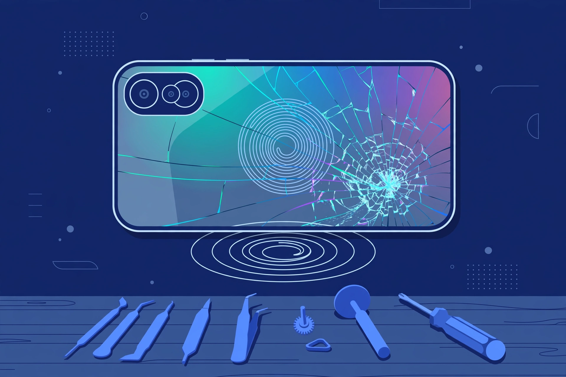 Original illustration of the back of a smartphone with cracked colour-infused glass radiating across the panel, a wireless charging coil outline visible beneath the glass, and blue repair tools on a workbench