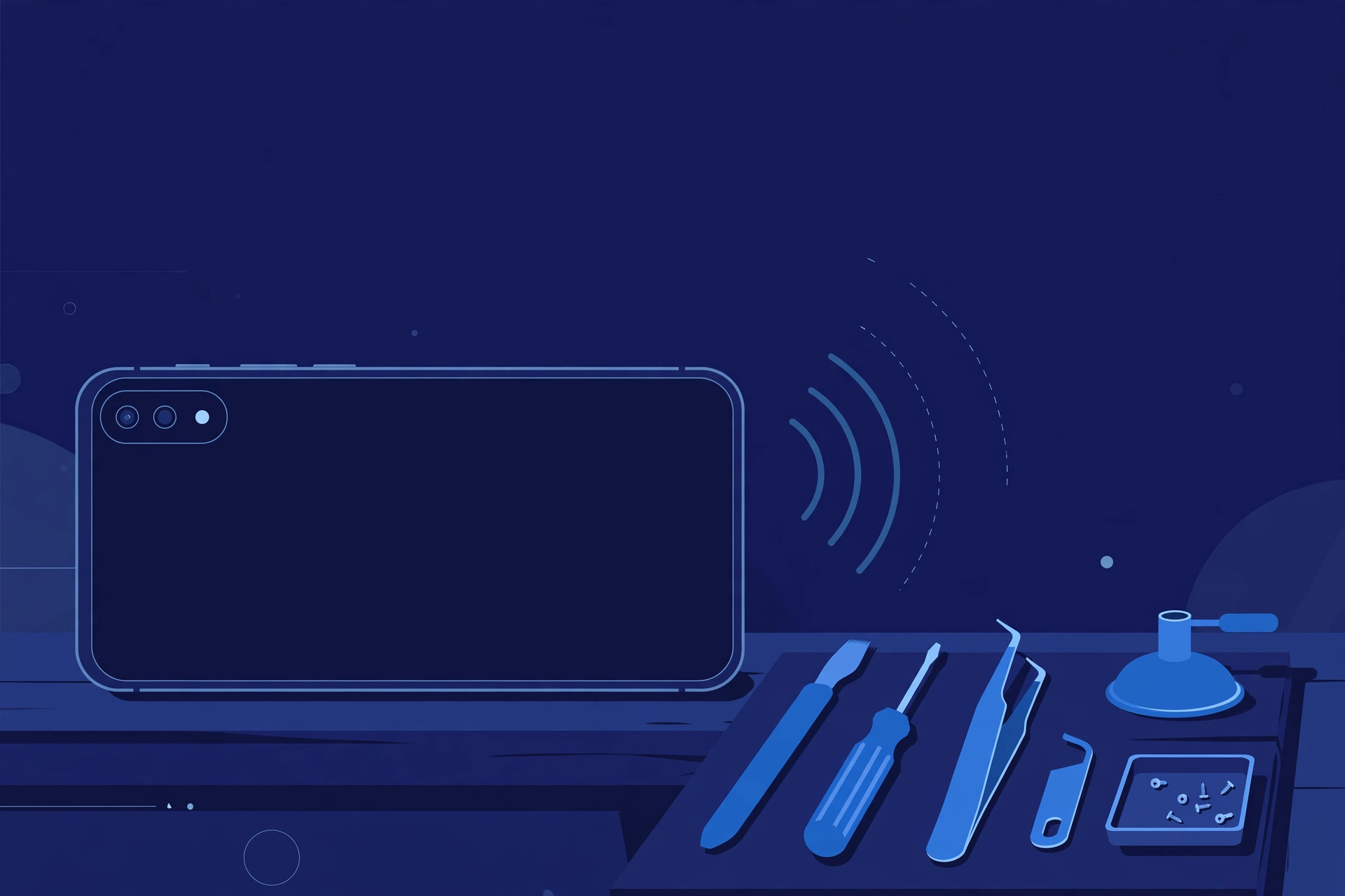 Original illustration of a large smartphone with a completely black screen and faint ringing sound waves beside it, with blue repair tools on a workbench