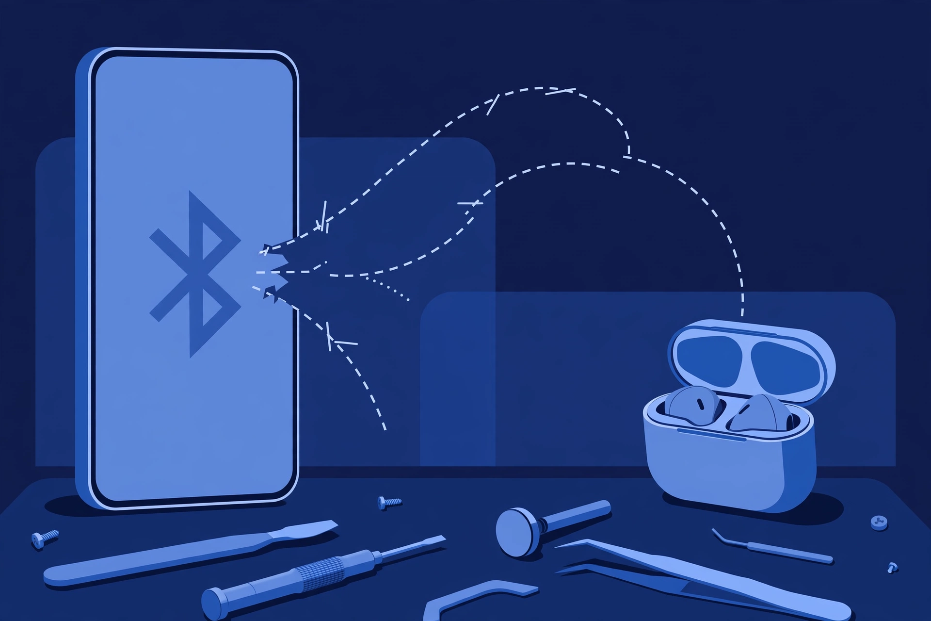 Original illustration of a smartphone with a large Bluetooth symbol on its screen, an open wireless earbud case beside it with broken dashed connection arcs, and blue repair tools on a workbench
