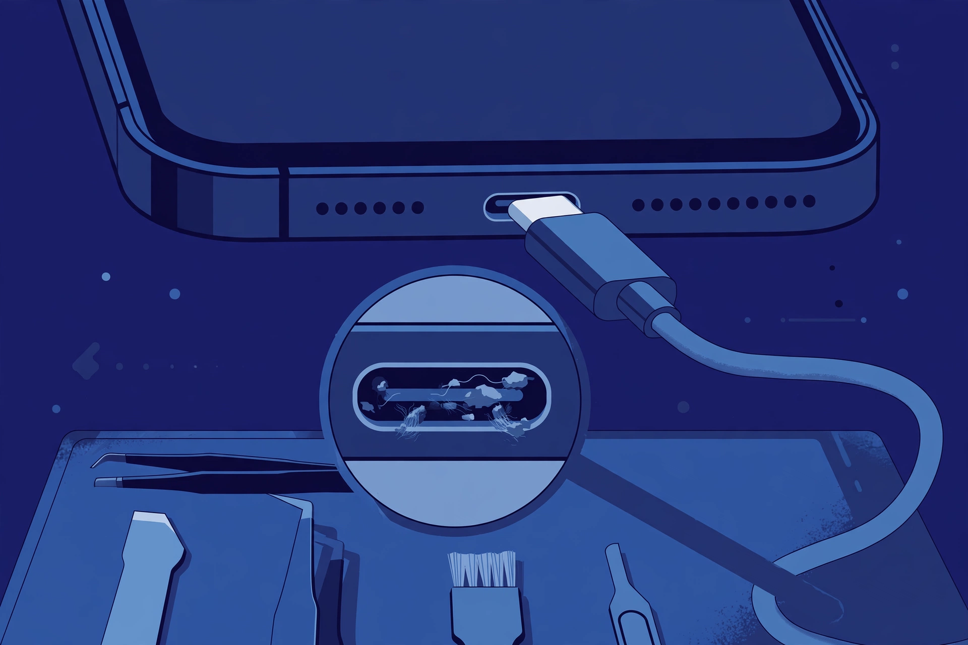 Original illustration of a smartphone's bottom edge with a USB-C cable plugged in, a magnified view inside the charging port showing compacted lint, and blue repair tools on a workbench