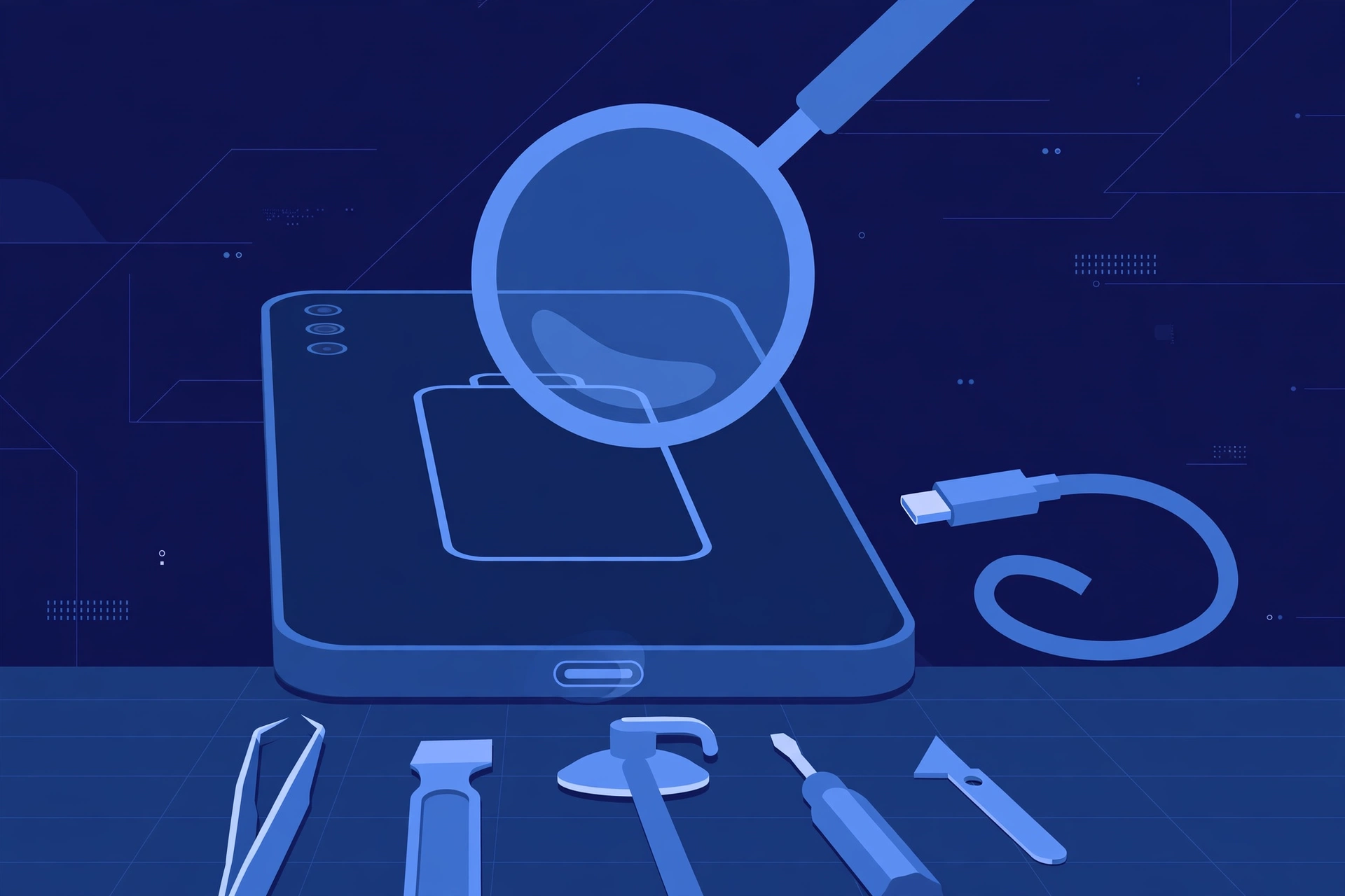Original illustration of a smartphone with an empty battery outline on its screen, an unplugged USB-C cable beside it and a magnifier over the charging port, with blue repair tools on a workbench