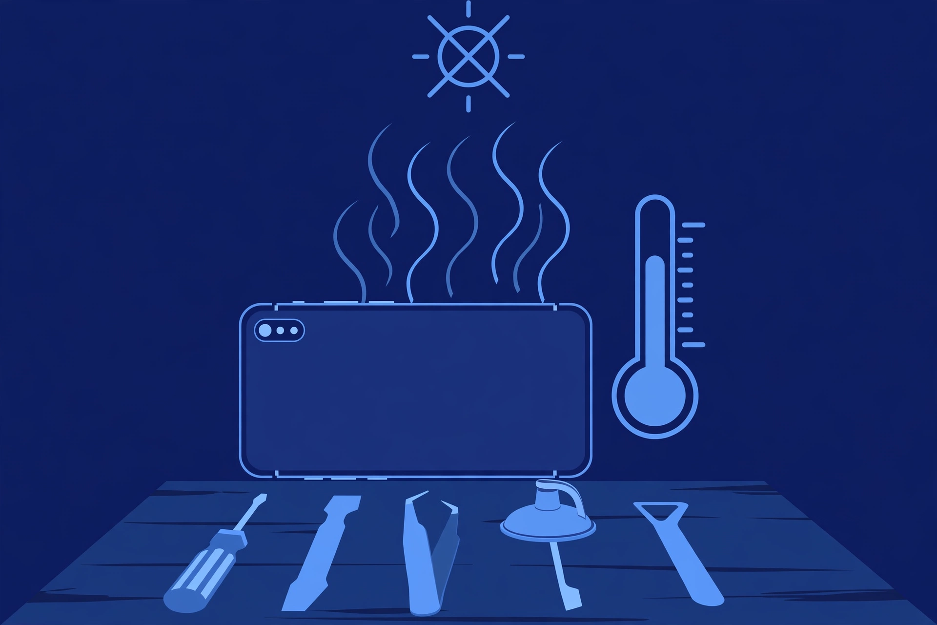 Original illustration of a smartphone with wavy heat lines rising from it, beside a thermometer and a crossed-out sun, with blue repair tools on a workbench