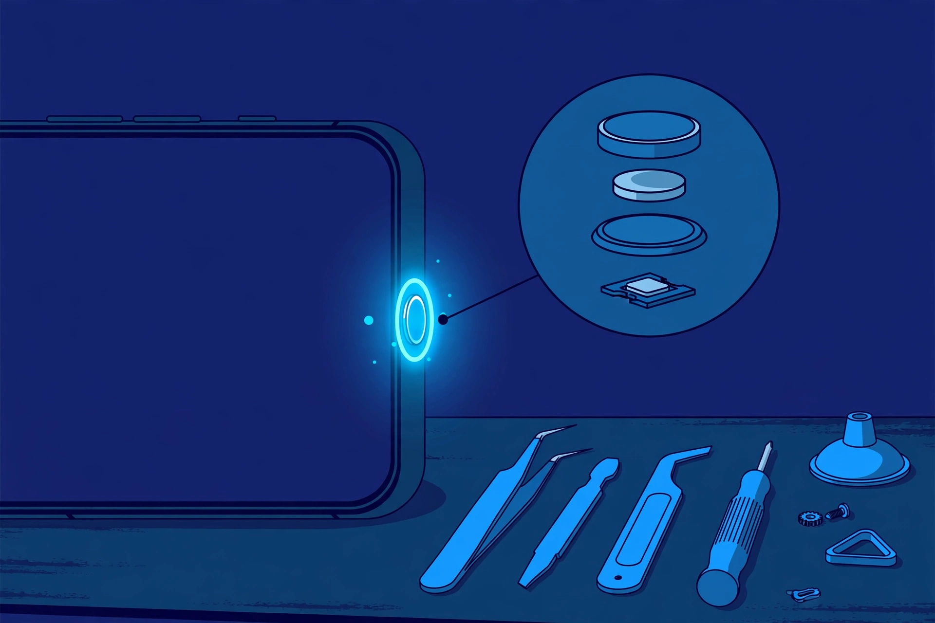 Original illustration of a smartphone in side profile with a glowing side power button, a magnified callout of the button mechanism, and blue repair tools on a workbench