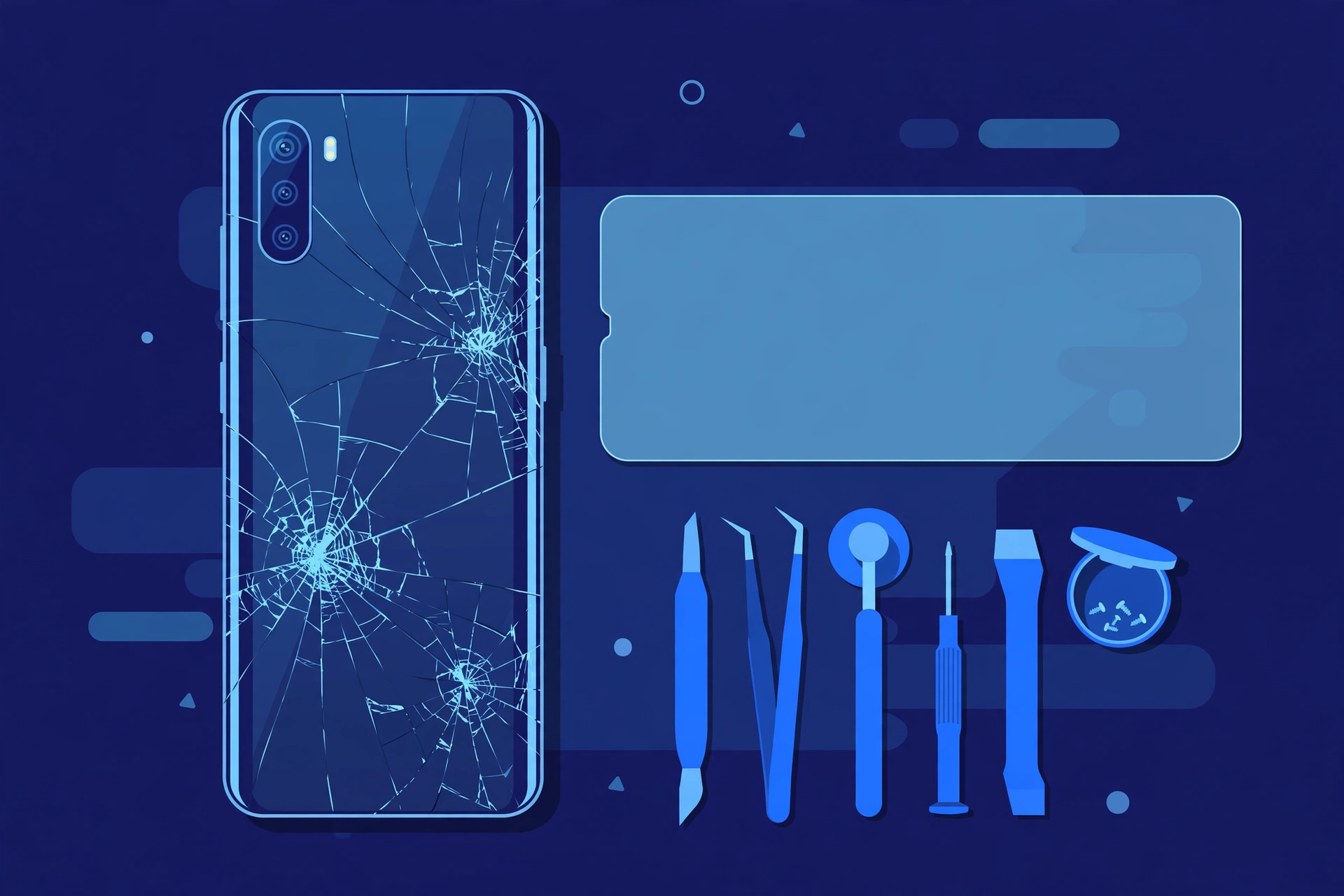 Original illustration of the back of a premium smartphone with a spiderweb-cracked rear glass panel beside a pristine replacement glass panel and blue repair tools on a workbench