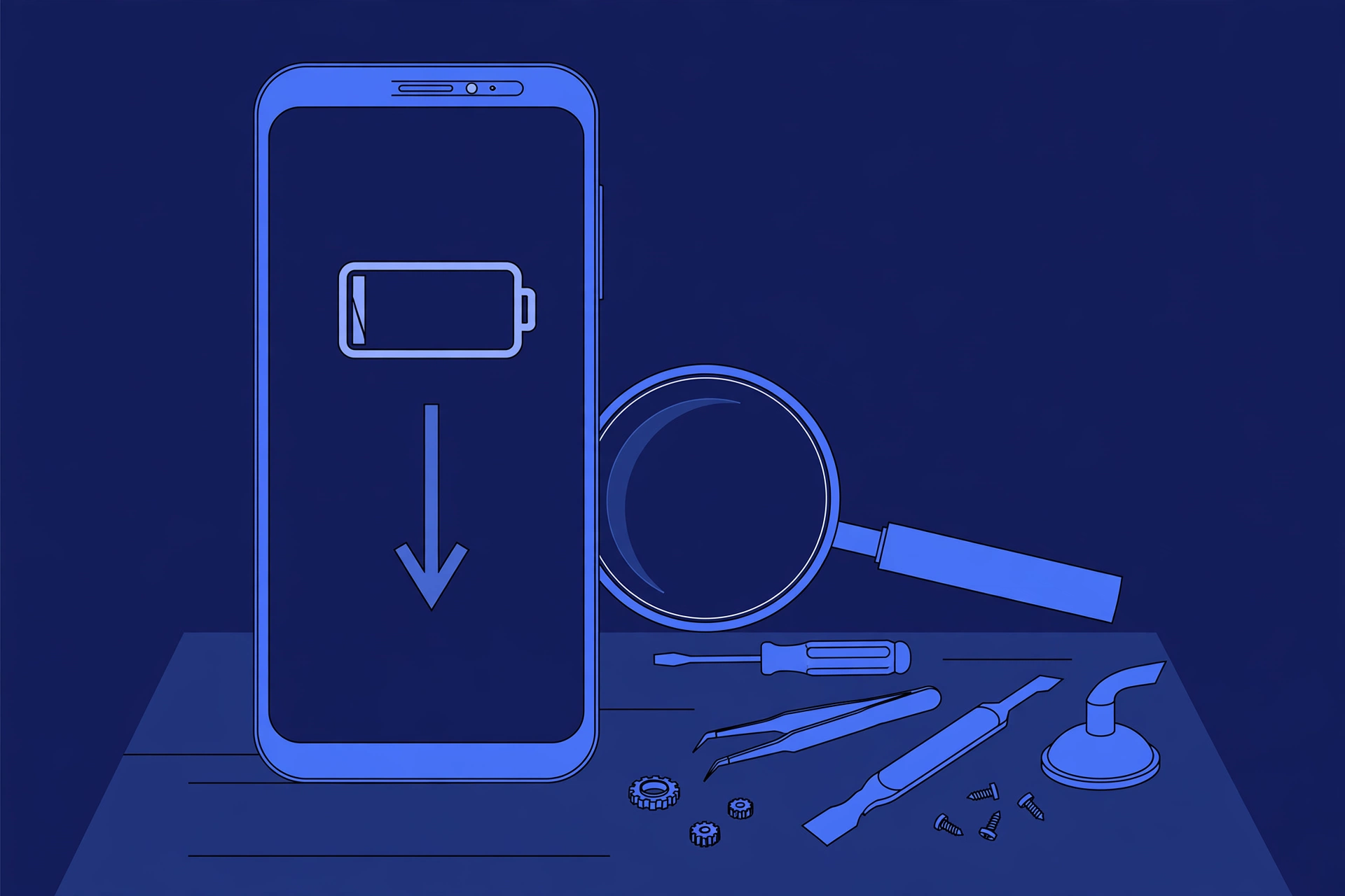 Original illustration of a smartphone showing a nearly empty battery outline with a downward drain arrow on its screen, a magnifier beside it, and blue repair tools on a workbench