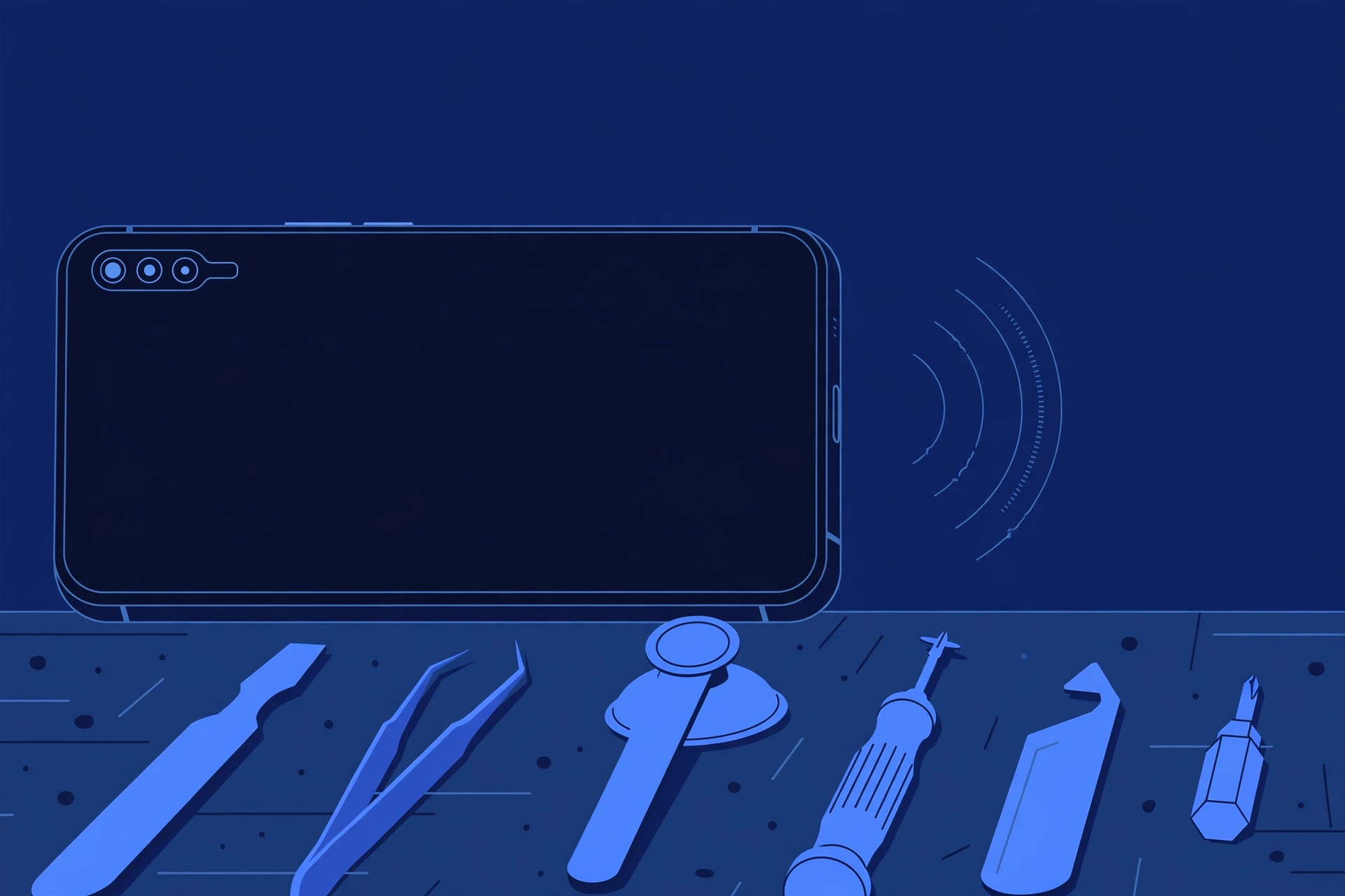 Original illustration of a smartphone with a completely black screen and faint ringing sound waves beside it showing the phone is still alive, with blue repair tools on a workbench