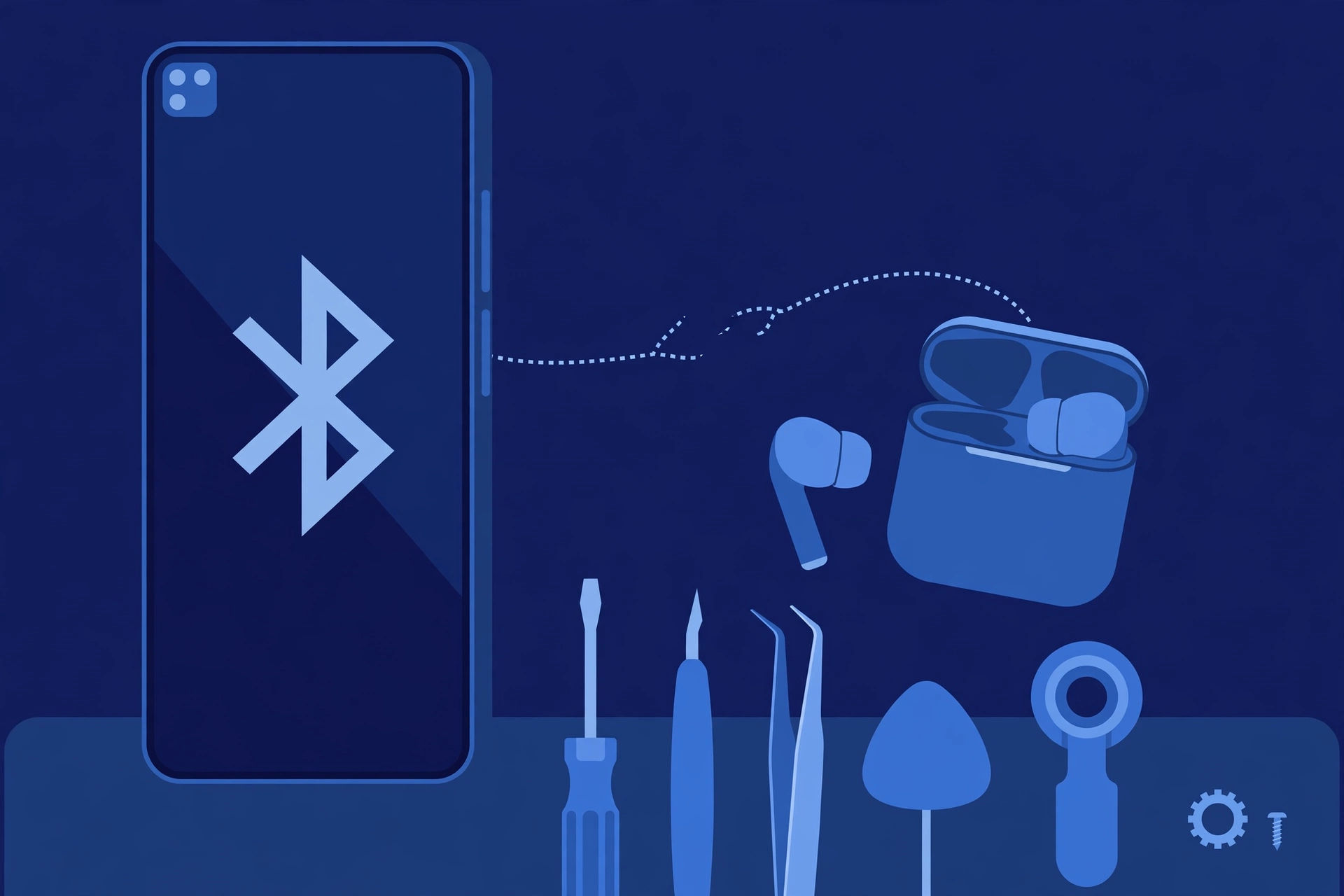 Original illustration of a smartphone with a large Bluetooth symbol on its screen, wireless earbuds and an open charging case beside it with a broken dotted connection line, and blue repair tools on a workbench