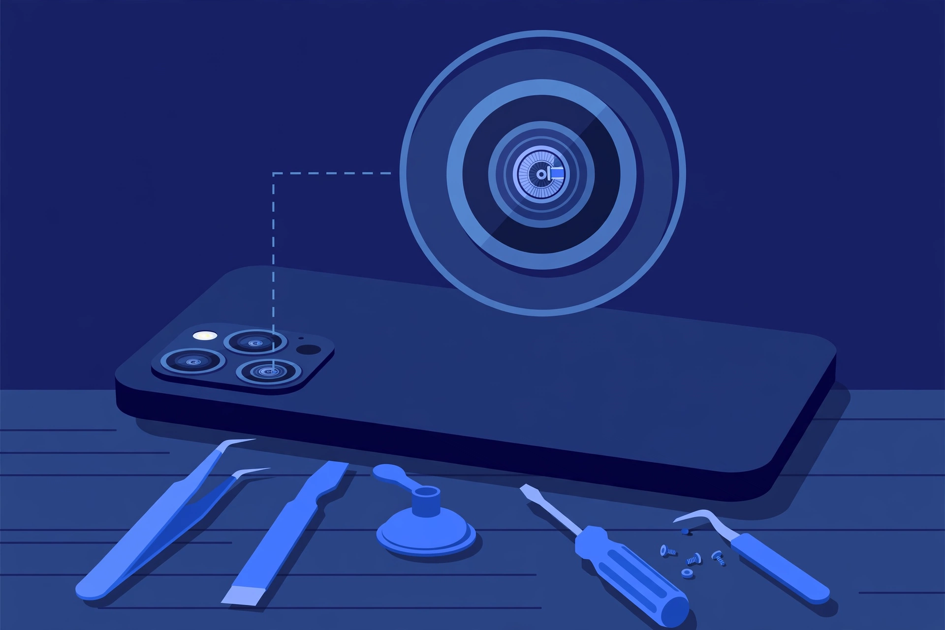 Original illustration of the back of a compact smartphone with a triple camera array, one lens highlighted with a magnified callout, and blue repair tools on a workbench