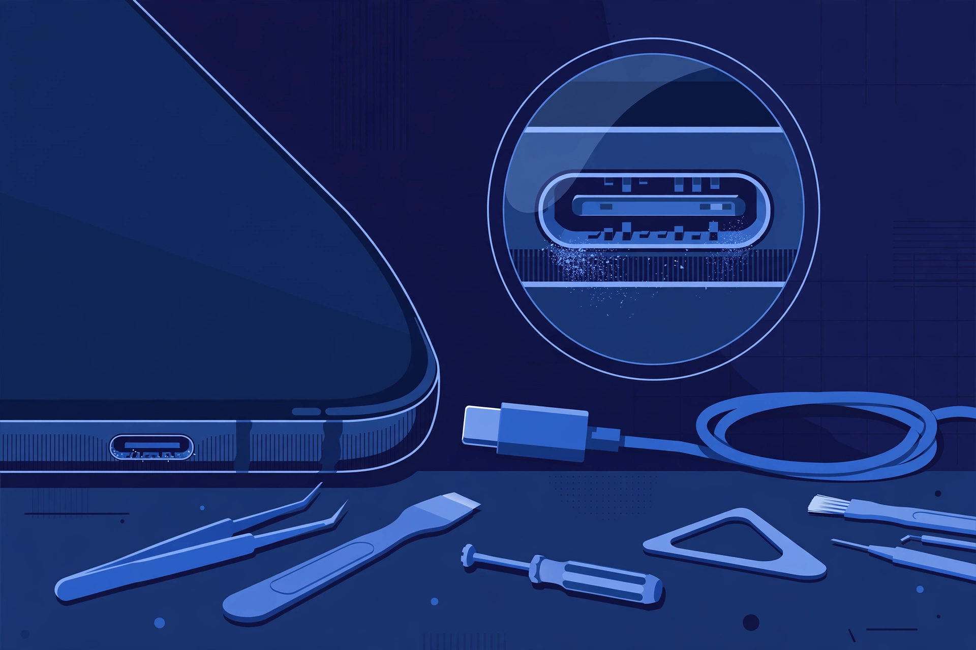 Original illustration of a smartphone's bottom edge with a USB-C cable unplugged beside it, a magnified view inside the charging port, and blue repair tools on a workbench