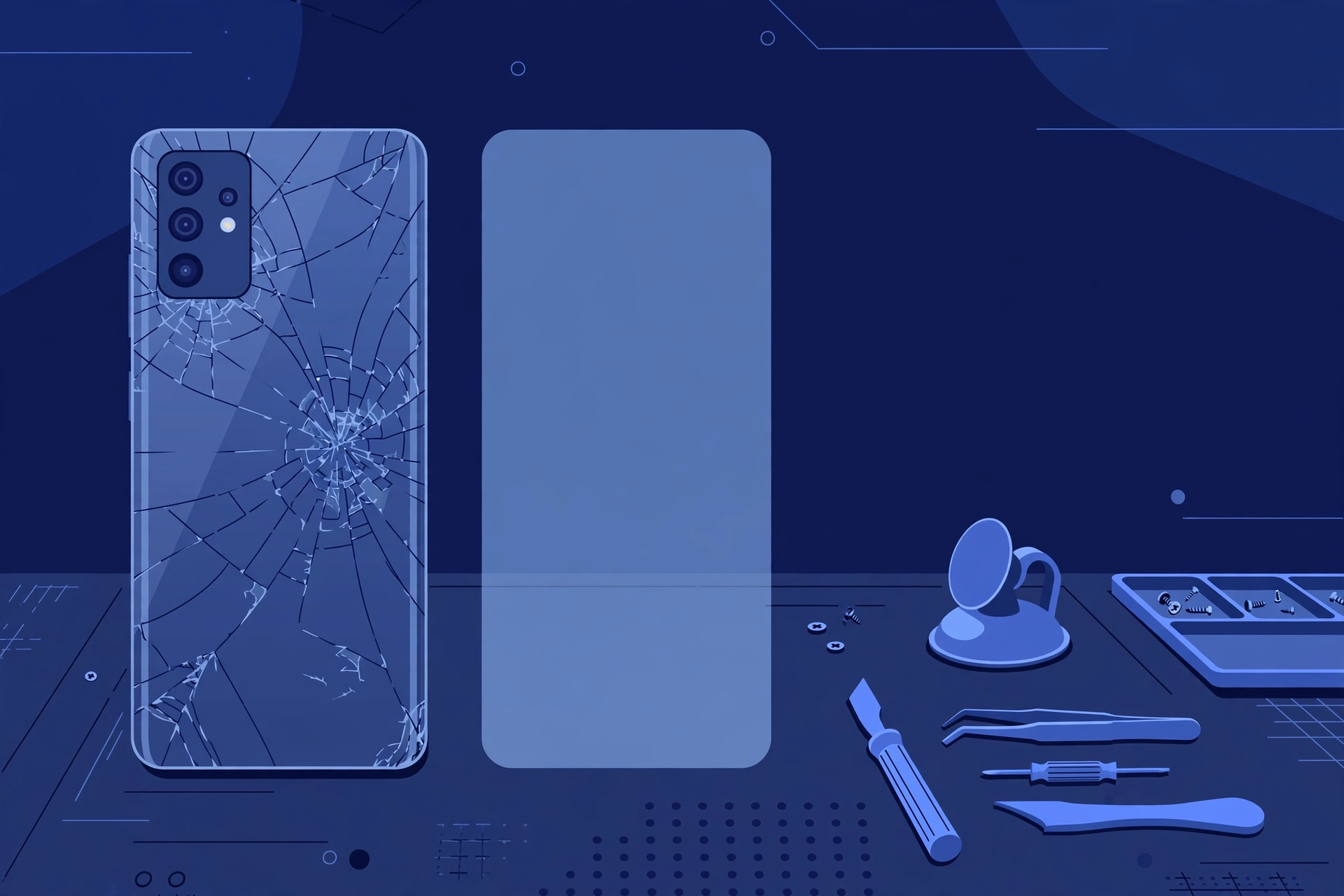 Original illustration of the back of a large smartphone with a spiderweb-cracked rear glass panel beside a smooth replacement back glass panel and blue repair tools on a workbench