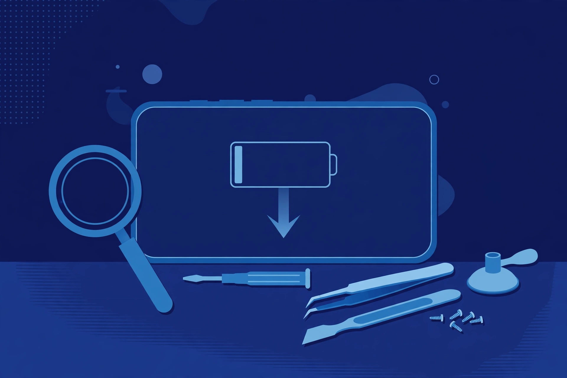 Original illustration of a smartphone showing a nearly empty battery outline with a downward drain arrow on its screen, a magnifier beside it, and blue repair tools on a workbench