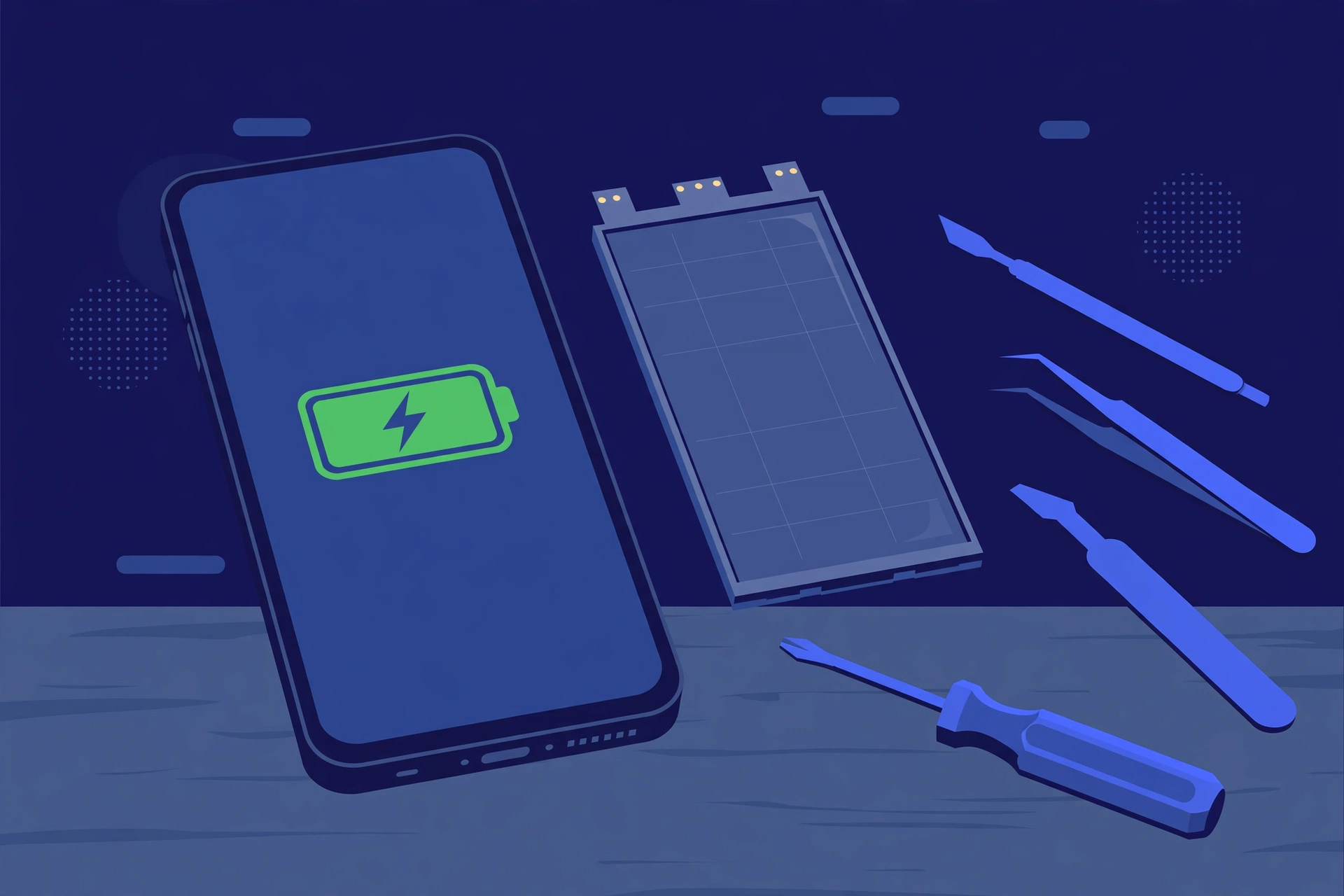 Original illustration of a smartphone showing a green battery charging symbol beside a replacement battery pack and blue repair tools on a workbench