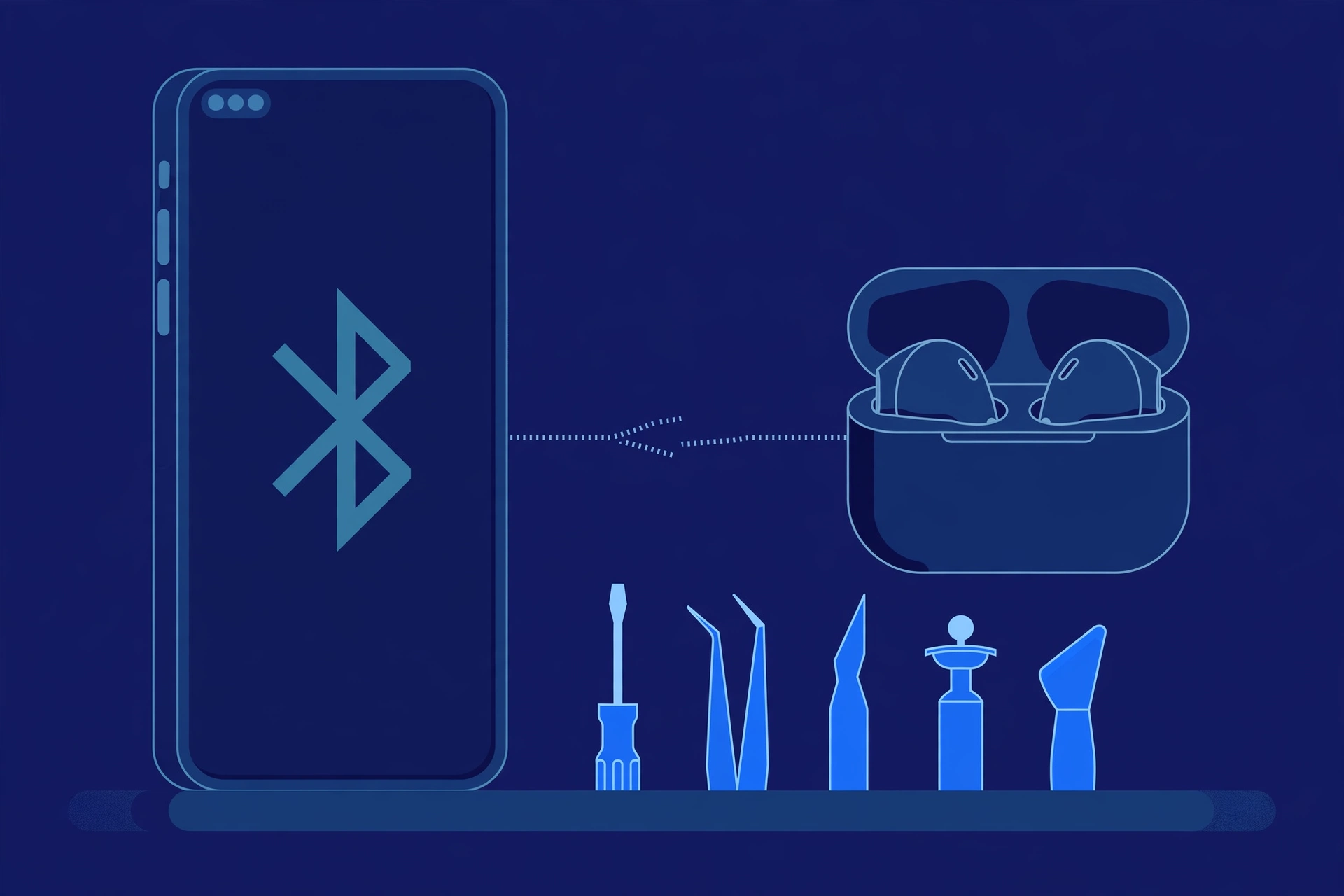 Original illustration of a large smartphone with a Bluetooth symbol on its screen and wireless earbuds in an open case beside it, a broken dotted connection line between them, and blue repair tools on a workbench