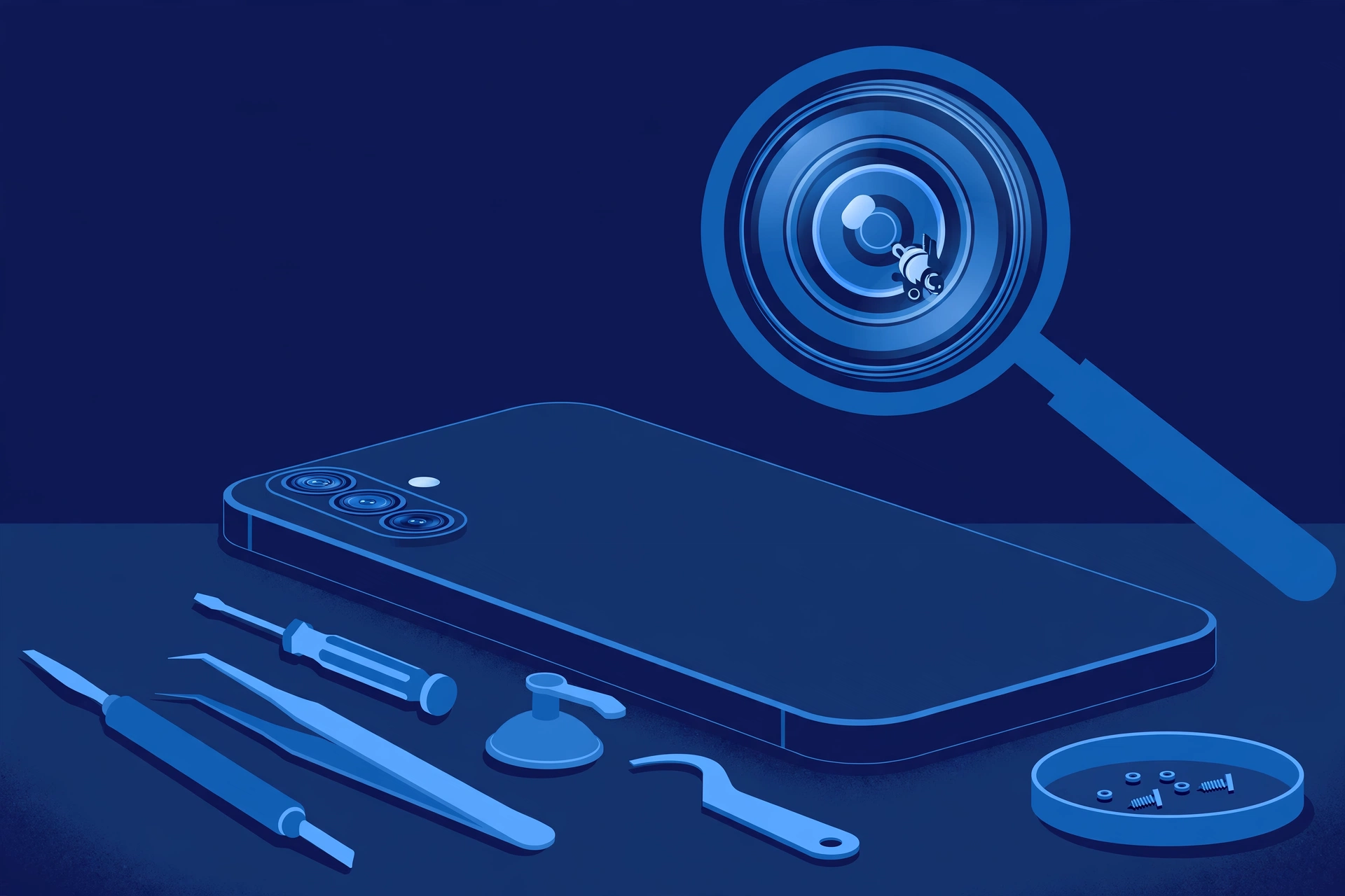 Original illustration of the back of a smartphone with a triple camera array, one lens highlighted inside a magnified lens callout, and blue repair tools on a workbench