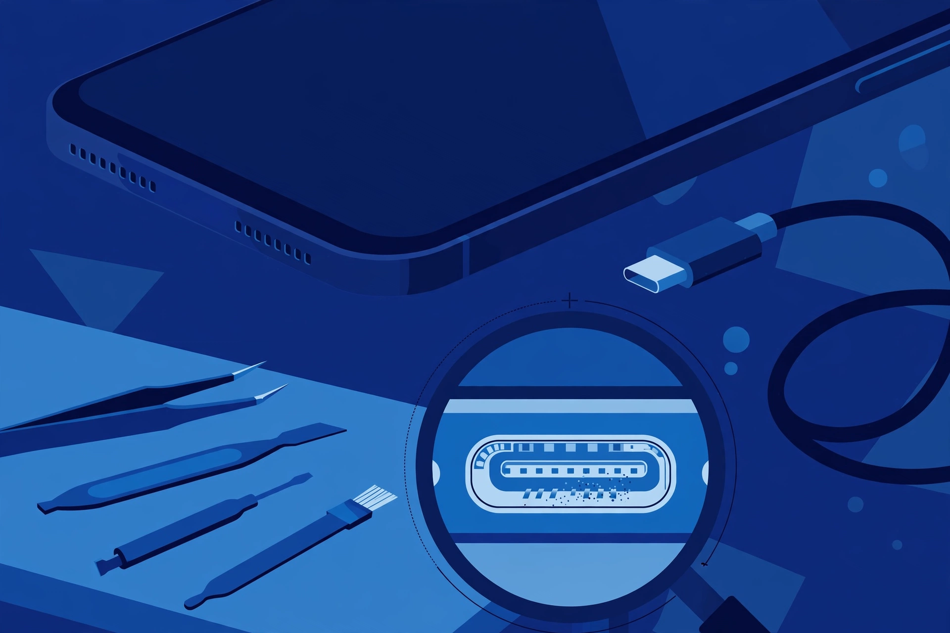Original illustration of a smartphone's bottom edge with a USB-C cable unplugged beside it, a magnified view inside the charging port, and blue repair tools on a workbench