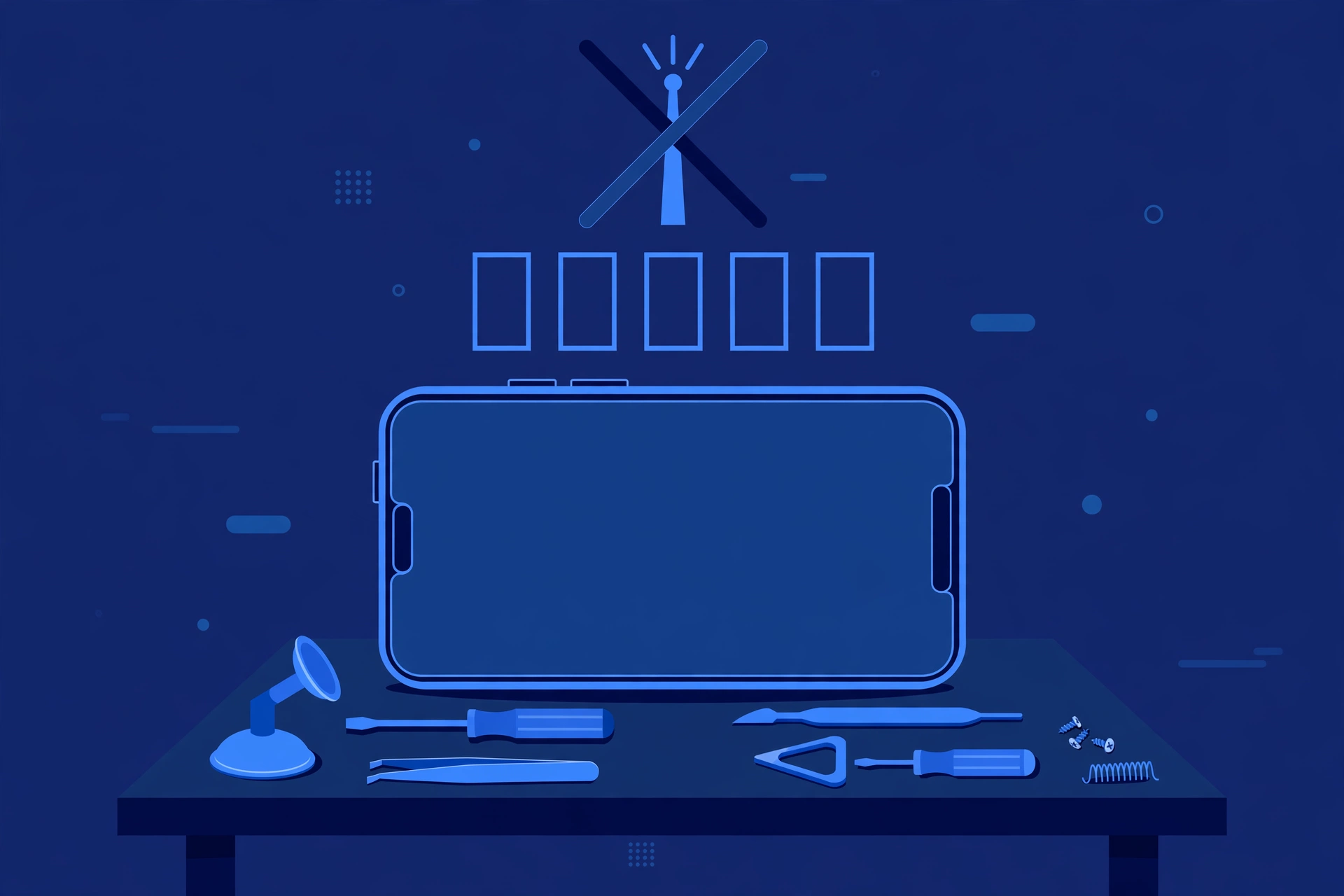 Original illustration of a large smartphone with empty signal bars and a crossed-out antenna symbol above it, with blue repair tools on a workbench