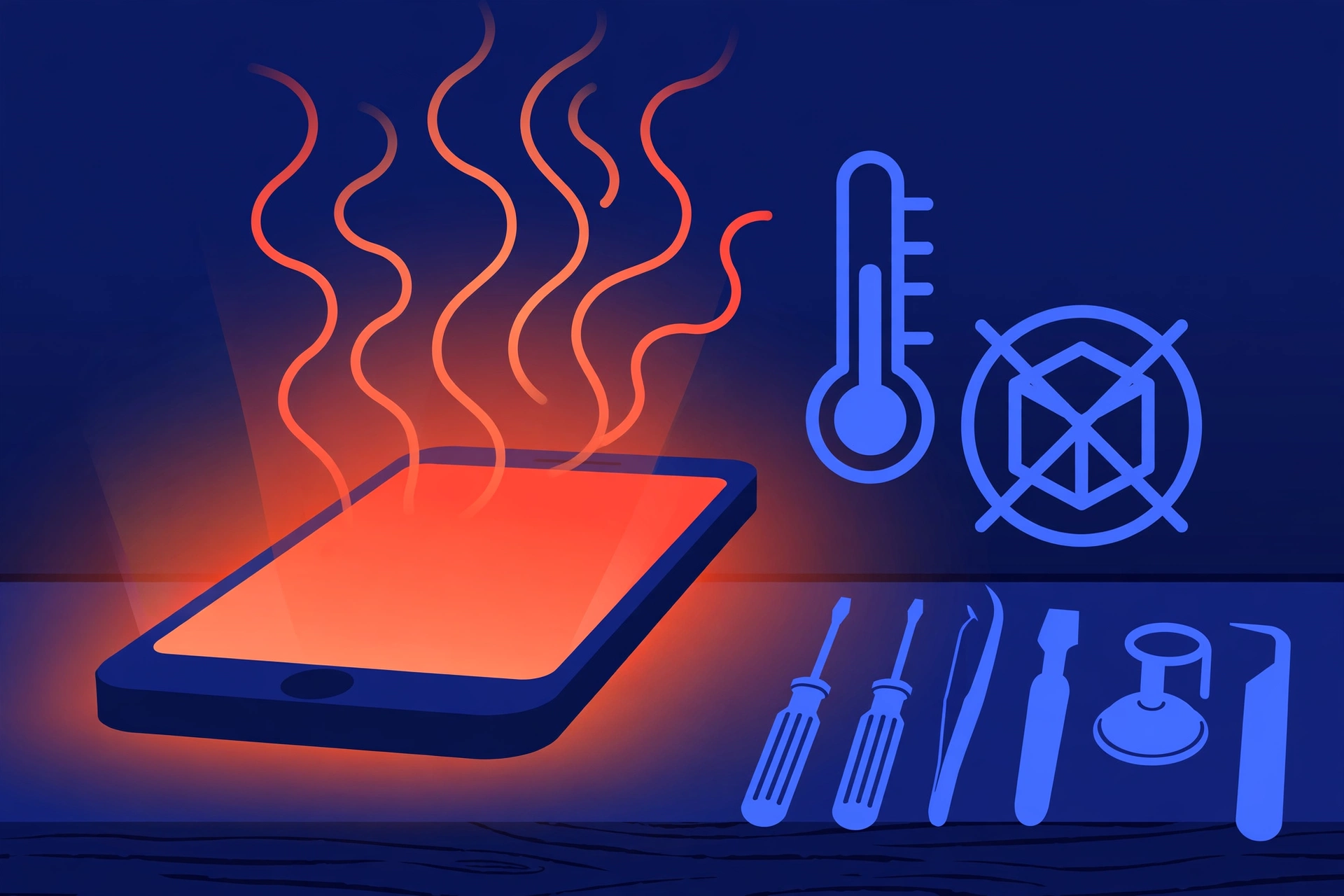 Original illustration of a large smartphone glowing warm orange-red with wavy heat lines rising from it, a thermometer symbol and a crossed-out ice cube beside it, and blue repair tools on a workbench