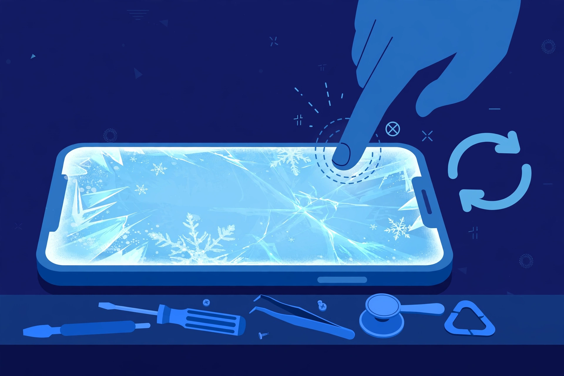 Original illustration of a large smartphone with a frozen, frost-covered glowing touchscreen, a finger tapping it with no effect, circular restart arrows beside it, and blue repair tools on a workbench
