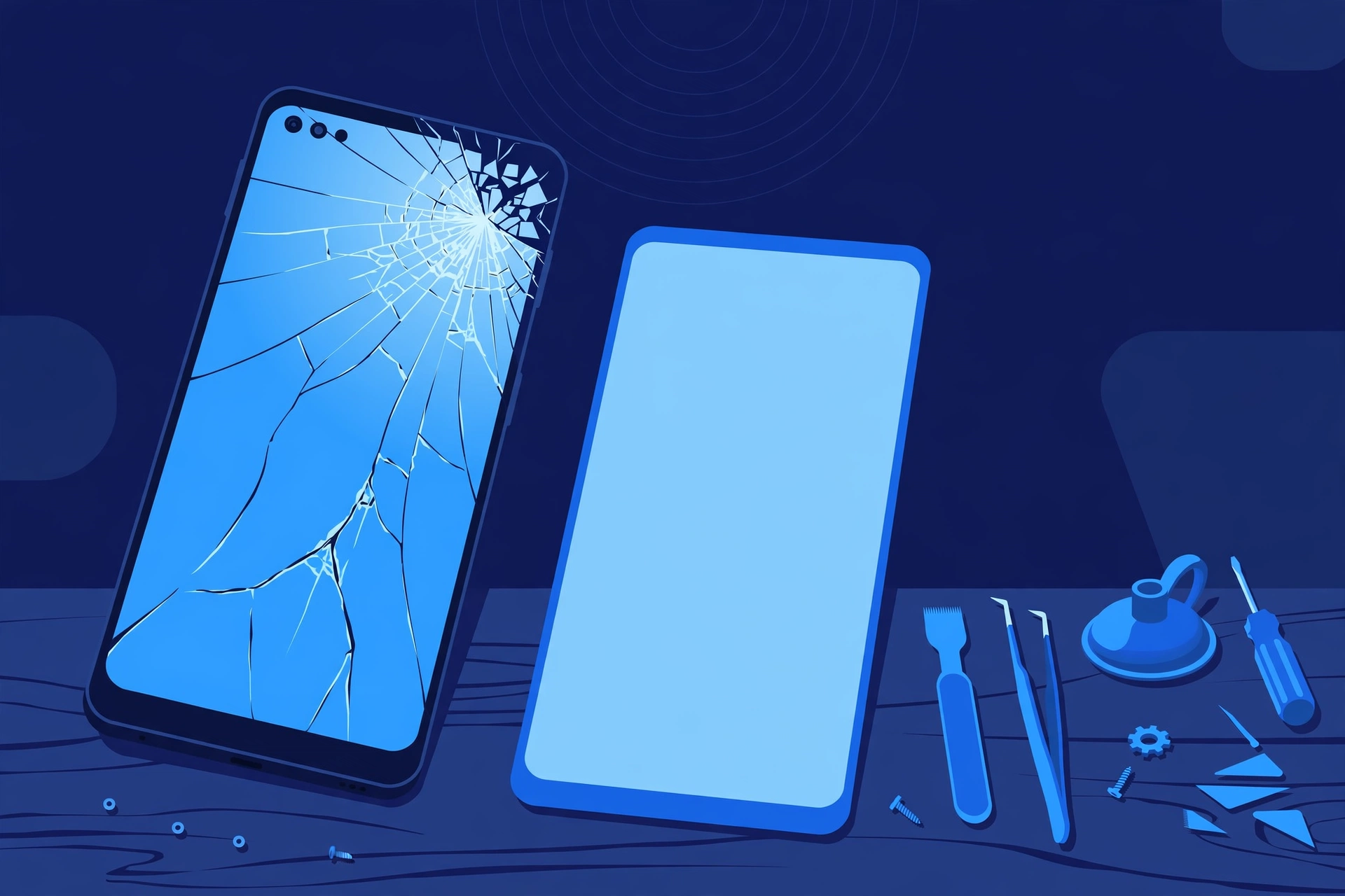 Original illustration of a large smartphone with a crack radiating across its bright display beside a pristine replacement display panel and blue repair tools on a workbench