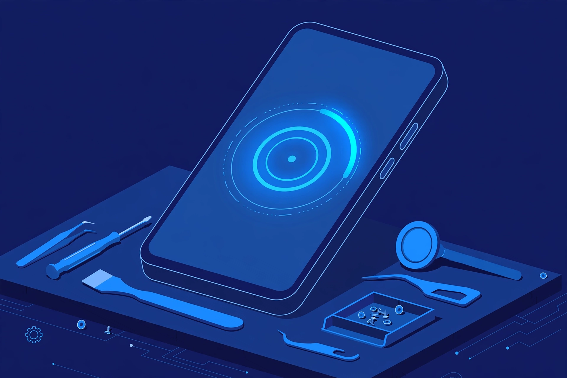 Original illustration of a large smartphone showing a glowing circular progress ring on a dark screen, with blue repair tools on a workbench