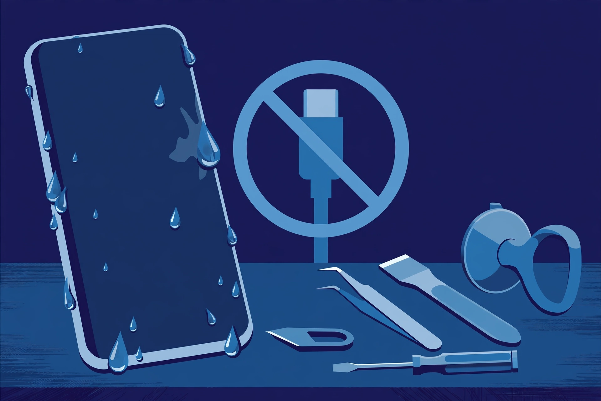 Original illustration of a large smartphone covered in water droplets beside a crossed-out charging cable symbol and blue repair tools on a workbench