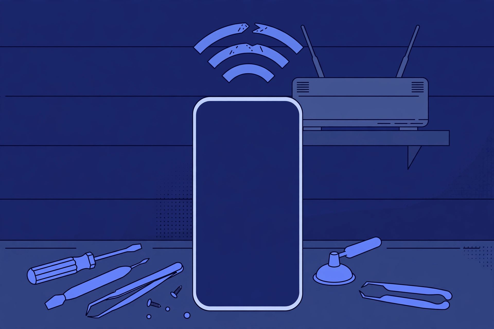 Original illustration of a smartphone with a broken Wi-Fi signal symbol above it, a home router behind it, and blue repair tools on a workbench