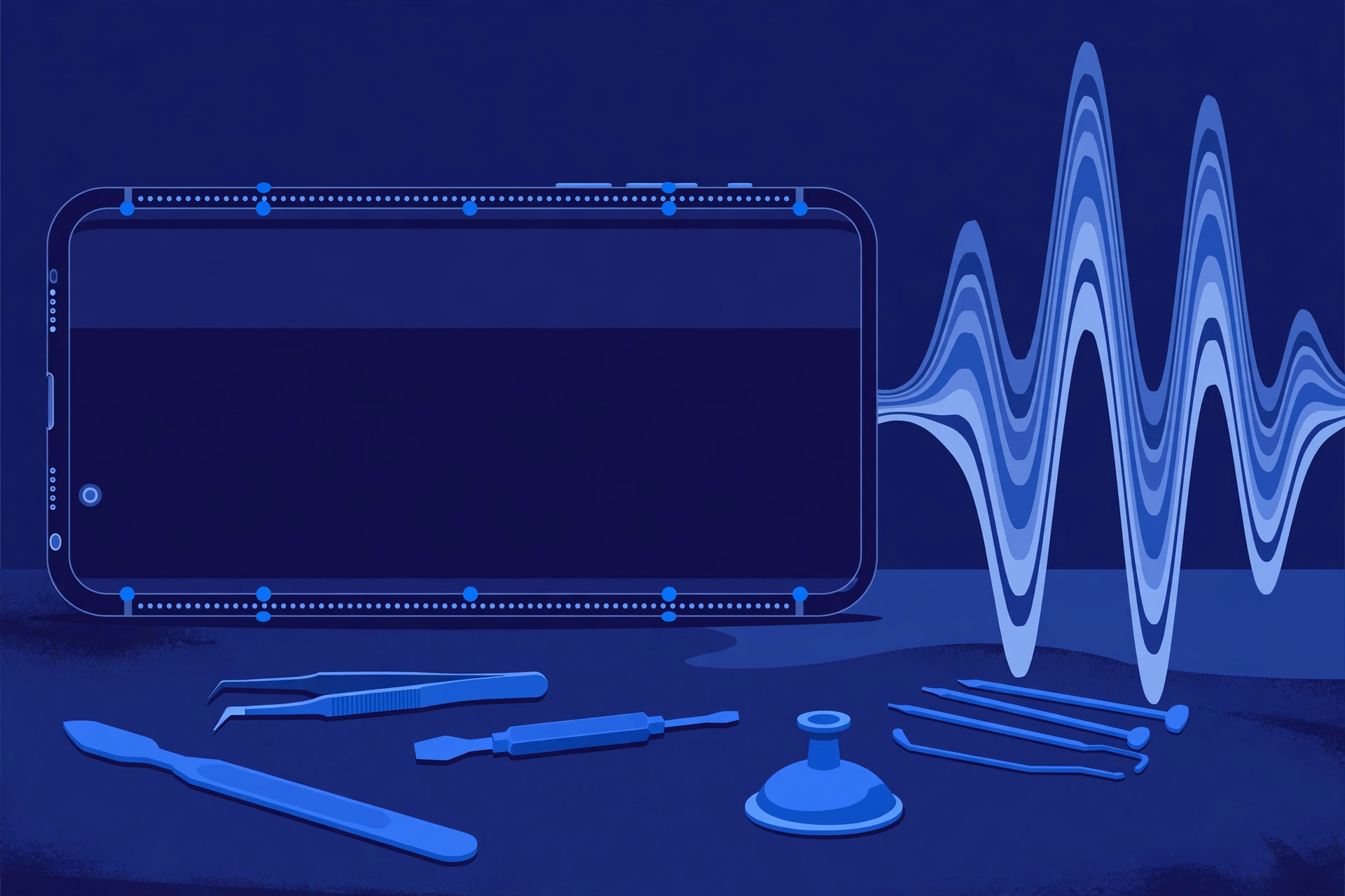 Original illustration of a large smartphone with a voice waveform beside it, tiny microphone openings highlighted along the phone edges, and blue repair tools on a workbench