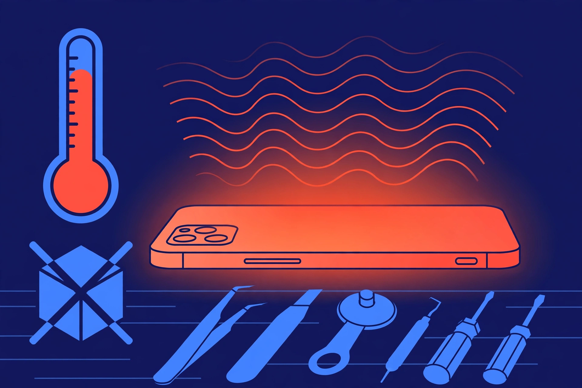Original illustration of a smartphone glowing warm orange-red with wavy heat lines rising from it, beside a thermometer and a crossed-out ice cube, with blue repair tools on a workbench