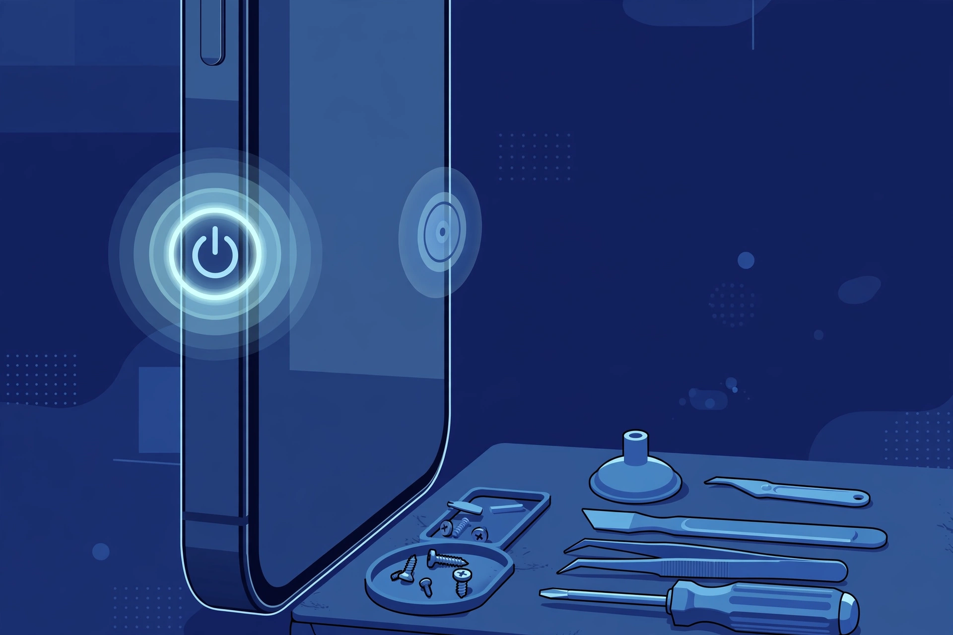 Original illustration of the side edge of a smartphone with its power button highlighted by a glowing ring, an on-screen assistive touch circle beside it, and blue repair tools on a workbench