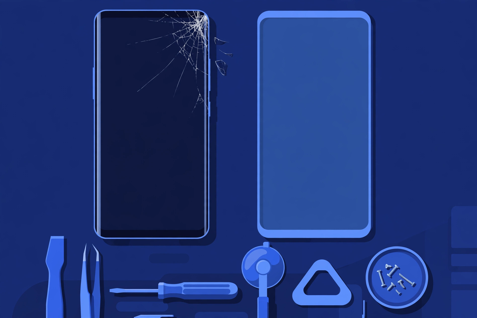 Original illustration of a smartphone with a cracked screen corner beside a pristine replacement display panel and blue repair tools on a workbench