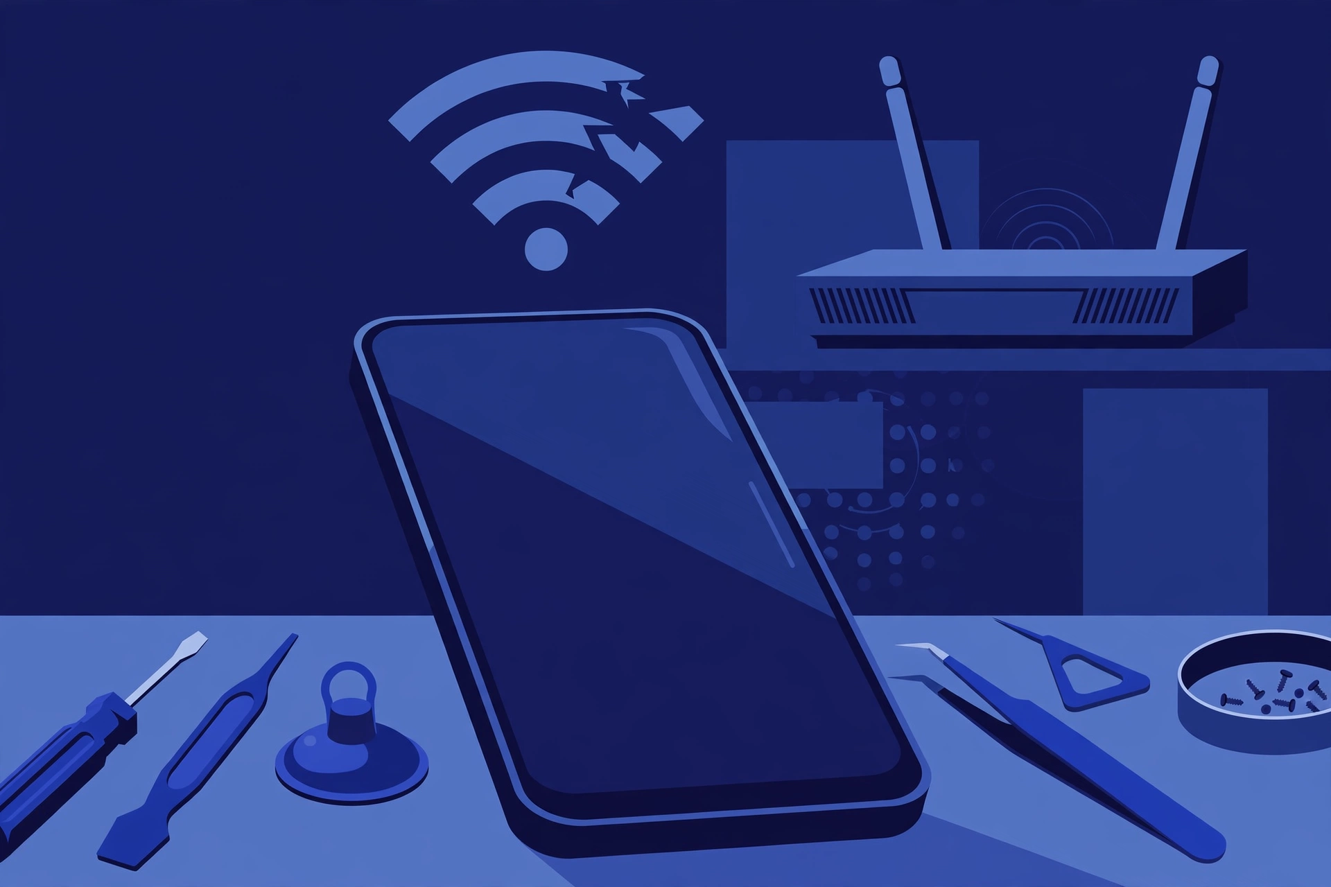Original illustration of a smartphone with a broken Wi-Fi arc symbol above it, a home router in the background, and blue repair tools on a workbench