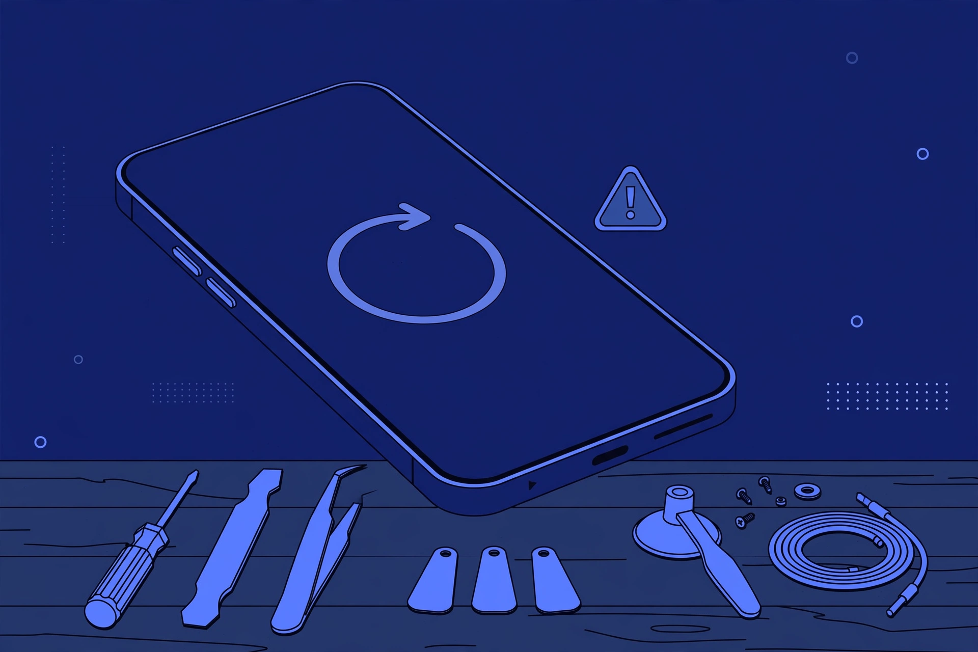 Original illustration of a premium smartphone with a circular restart arrow looping on its screen and a small warning triangle beside it, with blue repair tools on a workbench