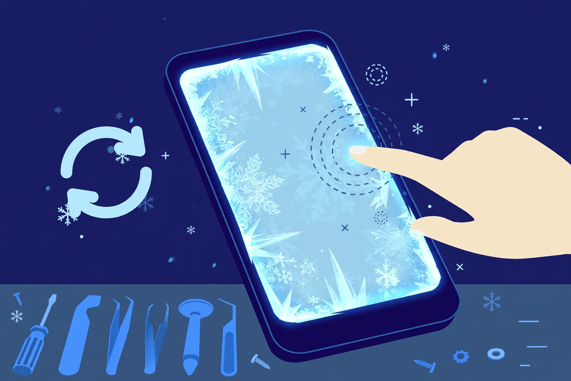 Original illustration of a smartphone with a frozen glowing touchscreen and a fingertip tapping it with no effect, with circular restart arrows and blue repair tools on a workbench