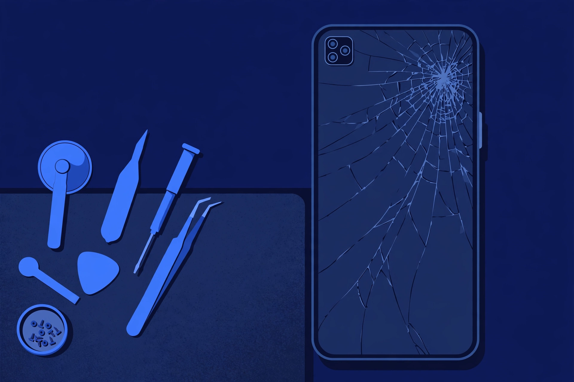 Original illustration of a large smartphone with a cracked front screen, fracture lines radiating from one corner, beside blue repair tools on a workbench