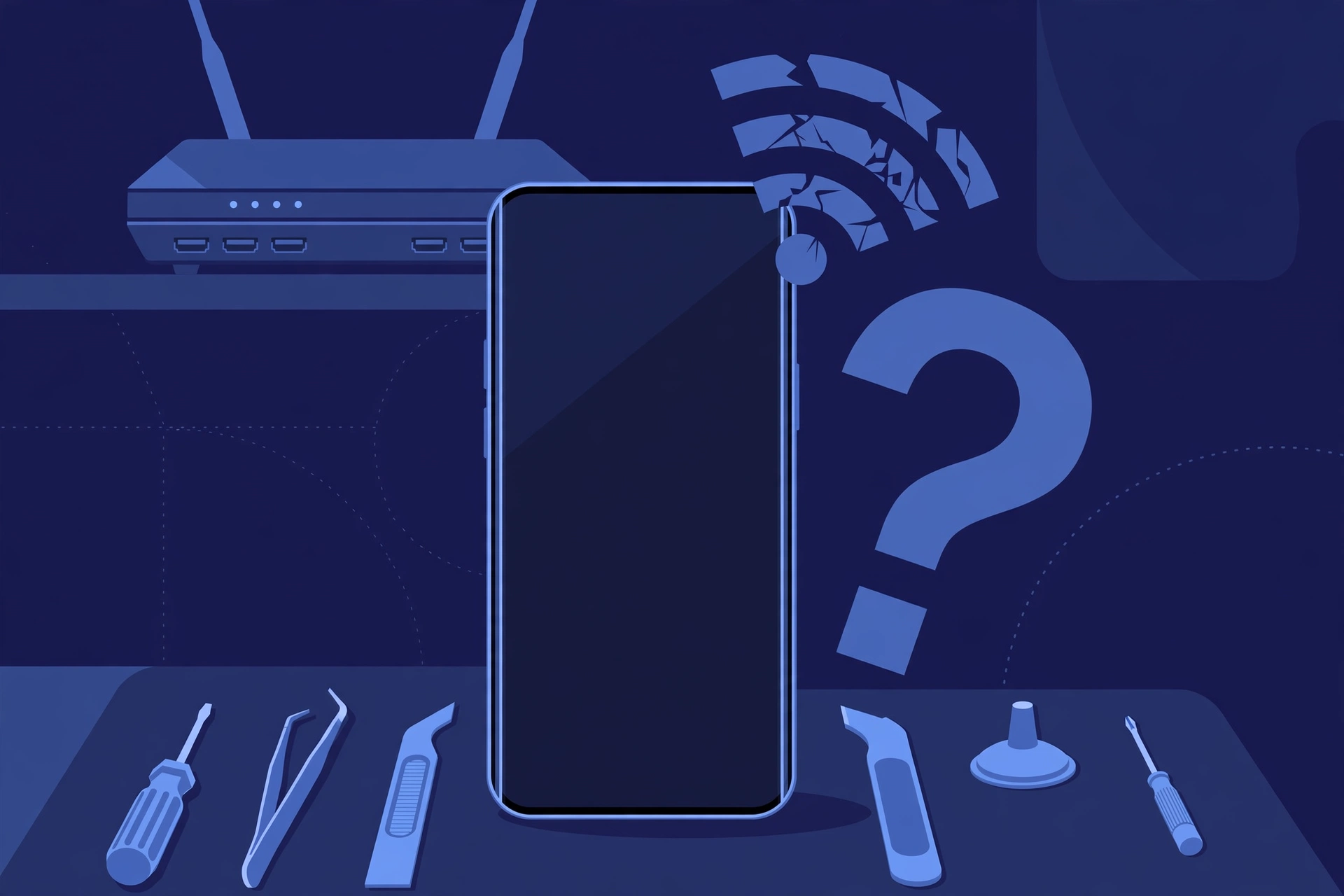 Original illustration of a smartphone with a broken Wi-Fi fan symbol and a question mark beside it, a home router in the background, and blue repair tools on a workbench