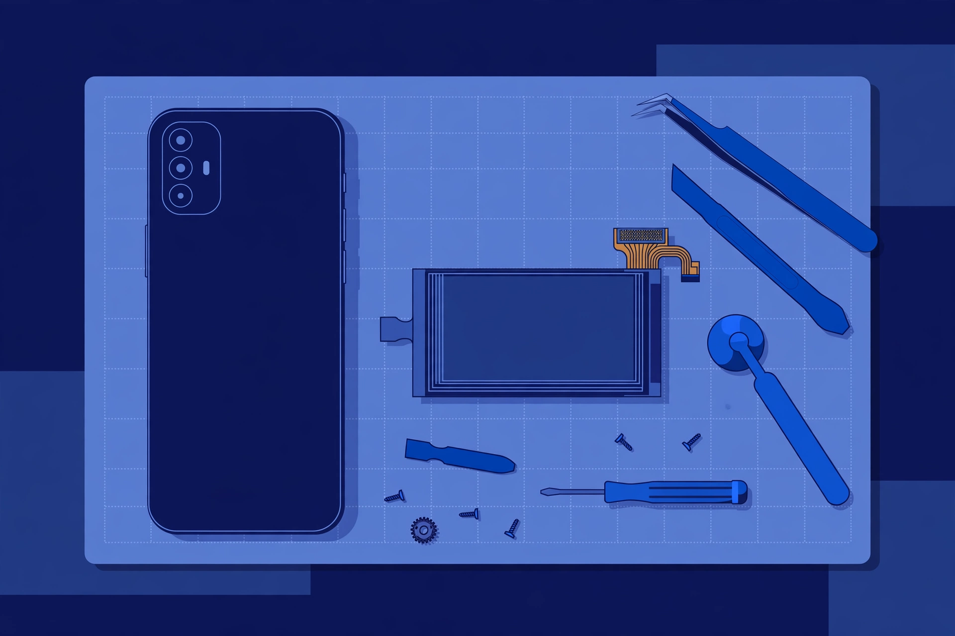Original illustration of a compact smartphone beside an exposed replacement battery component and blue repair tools on a workbench