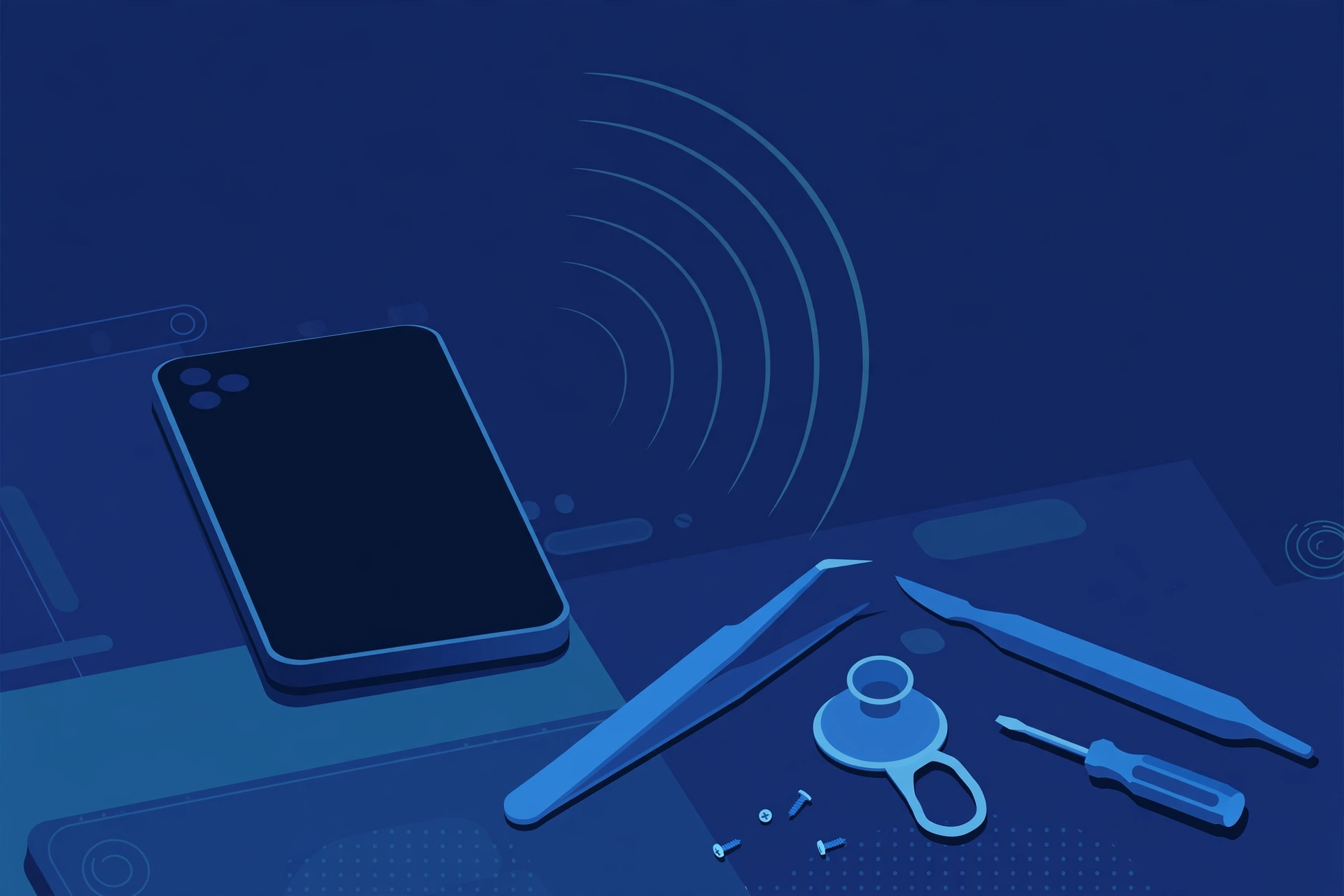 Original illustration of a compact smartphone with a completely black dark screen and faint ringing sound waves beside it showing the phone is still alive, with blue repair tools on a workbench