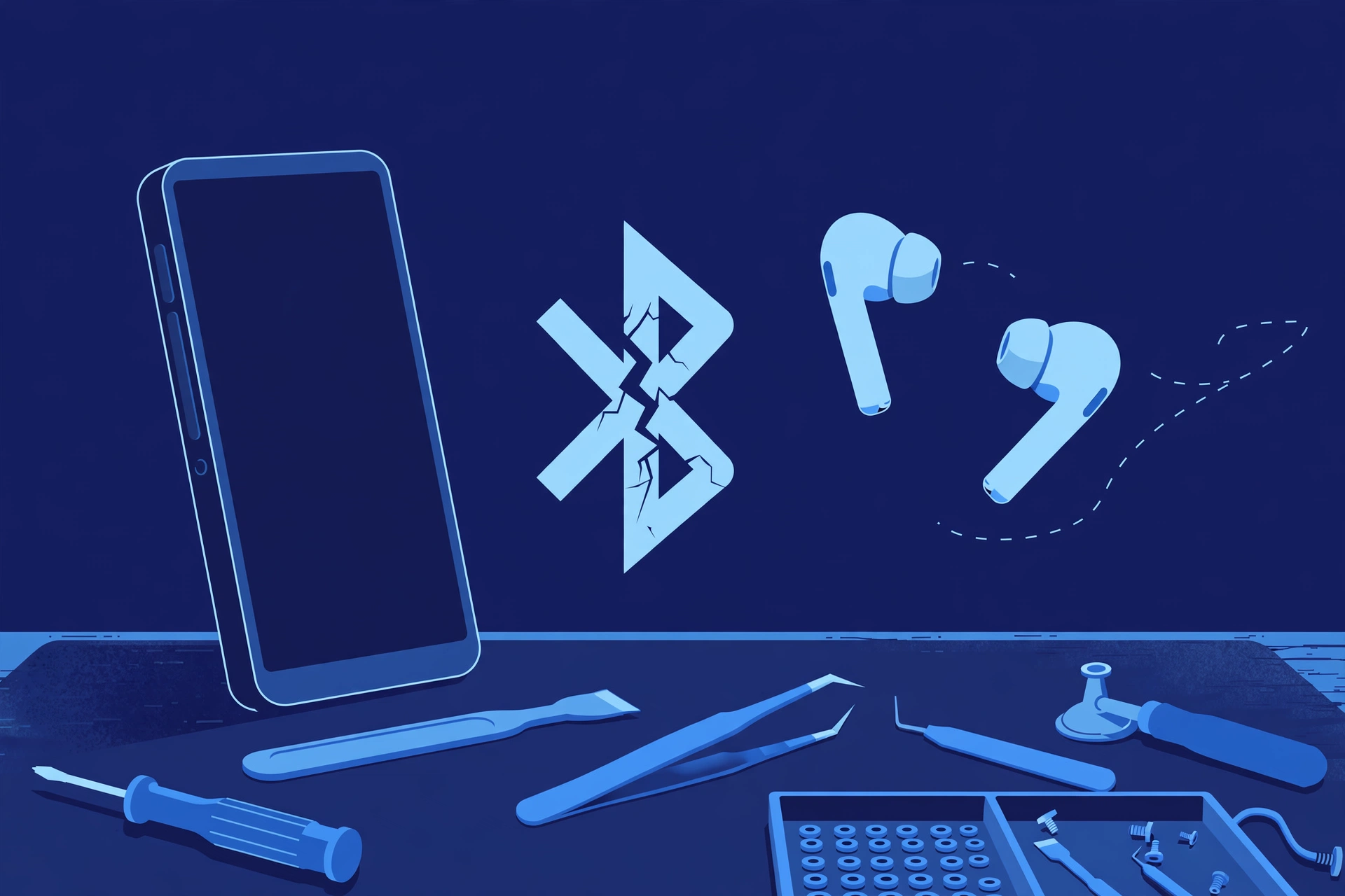 Original illustration of a smartphone with wireless earbuds drifting away from it, a cracked Bluetooth symbol between them, and blue repair tools on a workbench