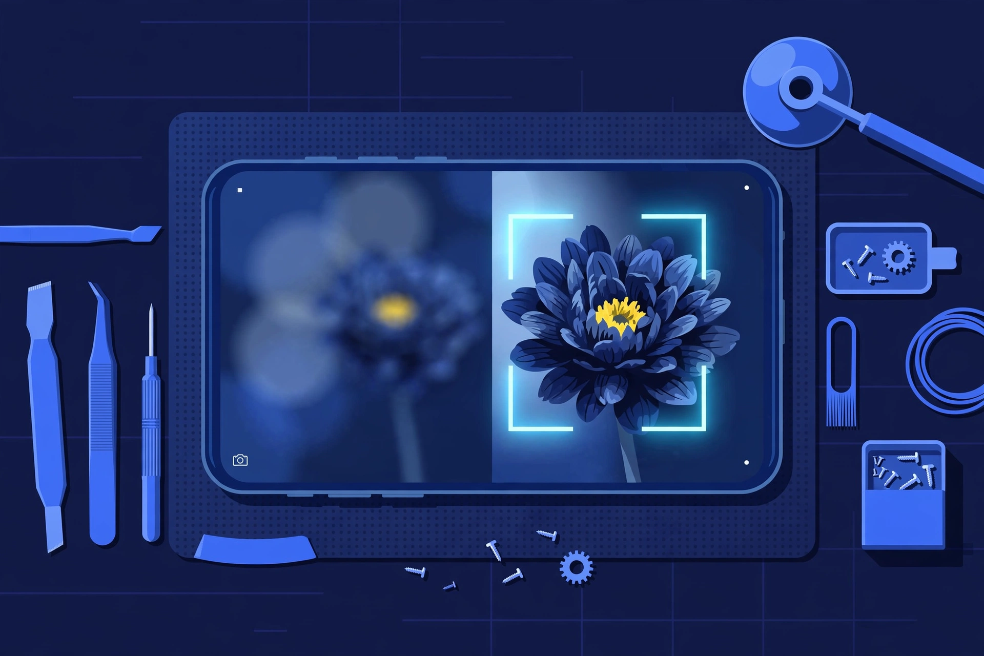 Original illustration of a smartphone camera view showing a flower half blurred with a glowing focus bracket over the sharp half, and blue repair tools on a workbench