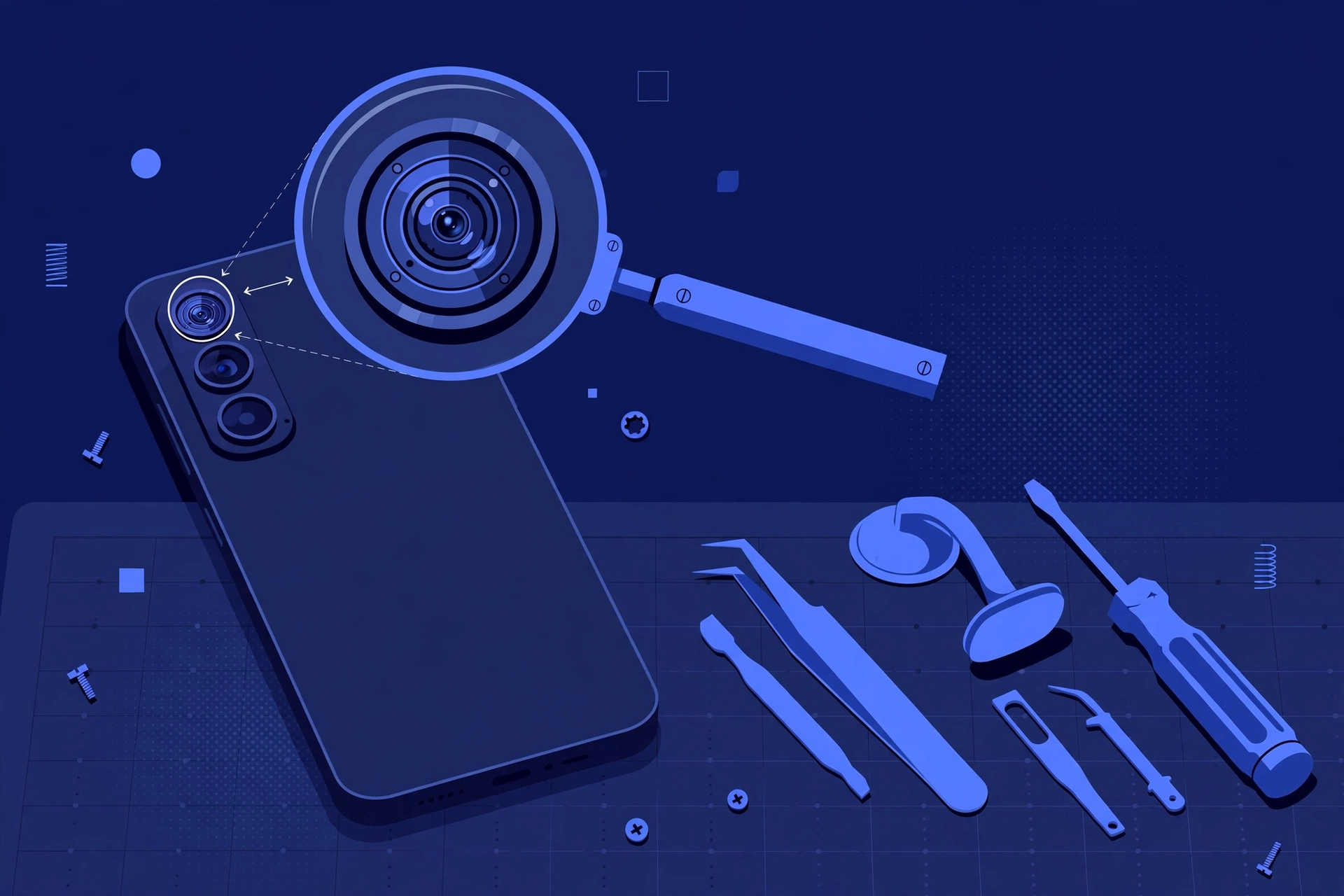 Original illustration of the back of a compact smartphone with a triple camera array, one lens highlighted with a magnified callout, and blue repair tools on a workbench