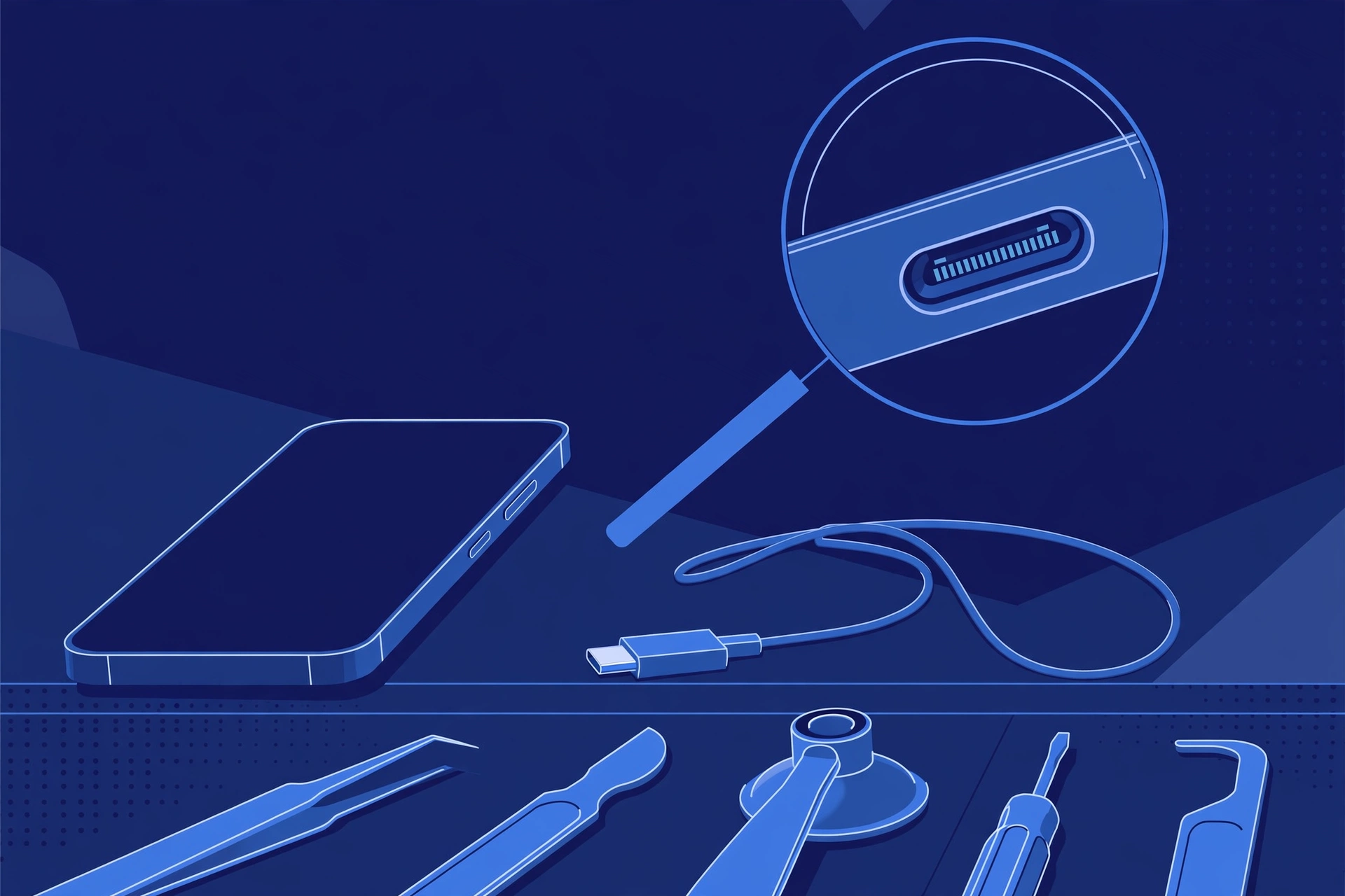 Original illustration of a compact smartphone with a USB-C cable unplugged beside it, a magnified view of the charging port, and blue repair tools on a workbench