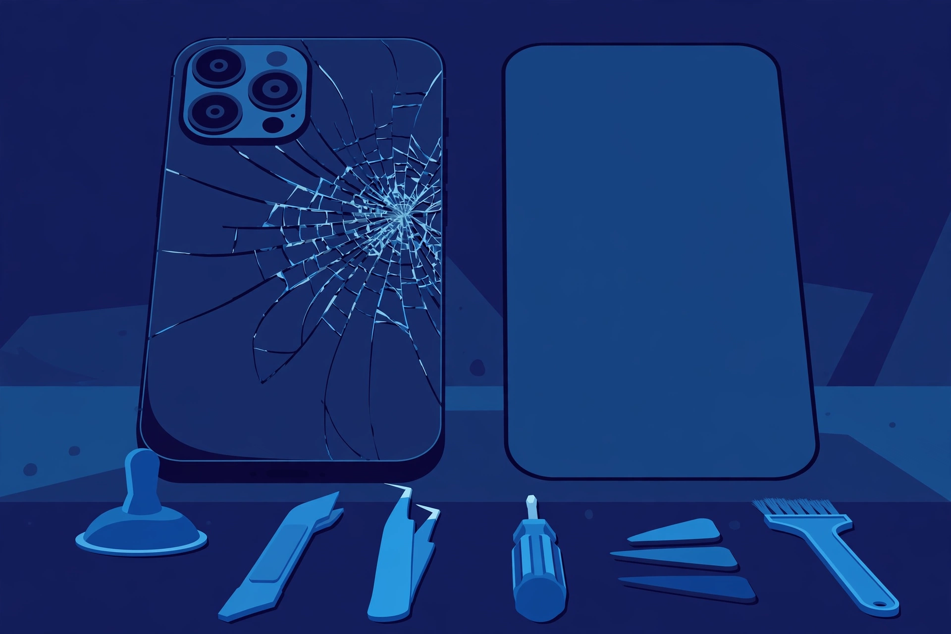 Original illustration of the back of a smartphone with a spiderweb-cracked rear glass panel beside a smooth replacement back glass panel and blue repair tools on a workbench