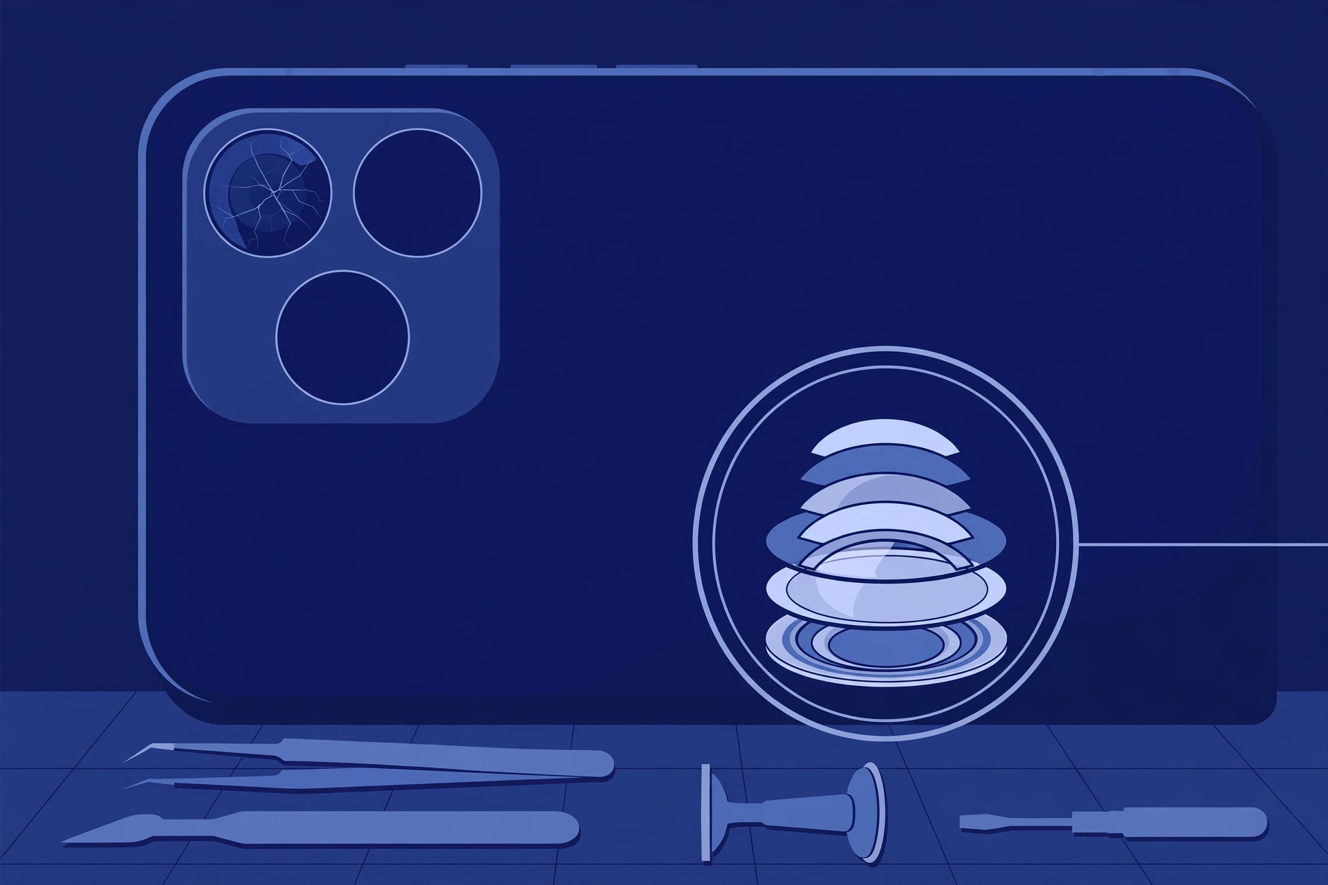 Original illustration of the back of a smartphone with a square three-lens camera module, one lens cracked, a magnified camera lens element, and blue repair tools on a workbench