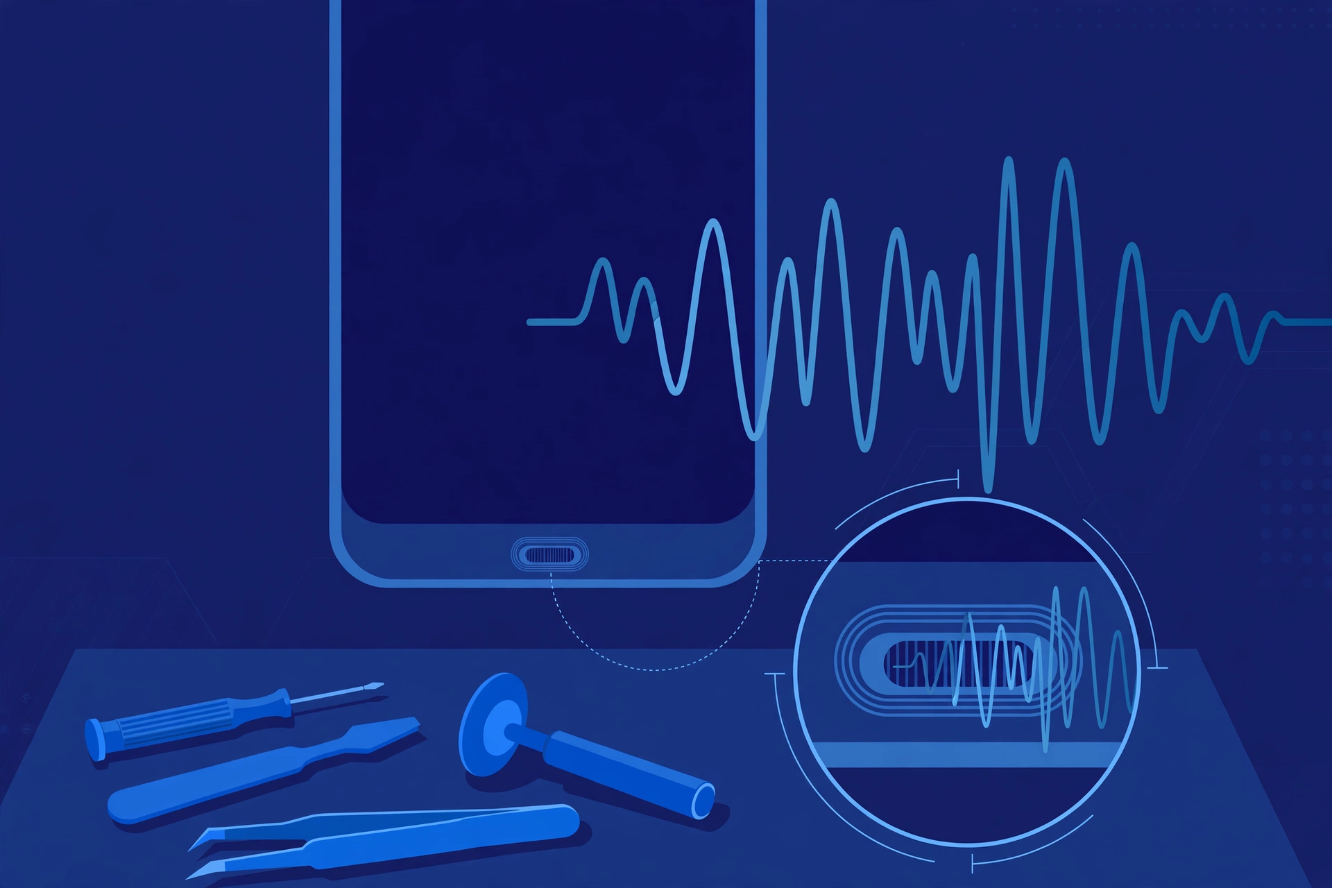 Original illustration of a smartphone with a voice waveform flowing toward a microphone opening on its bottom edge, a magnified view of the microphone hole, and blue repair tools on a workbench